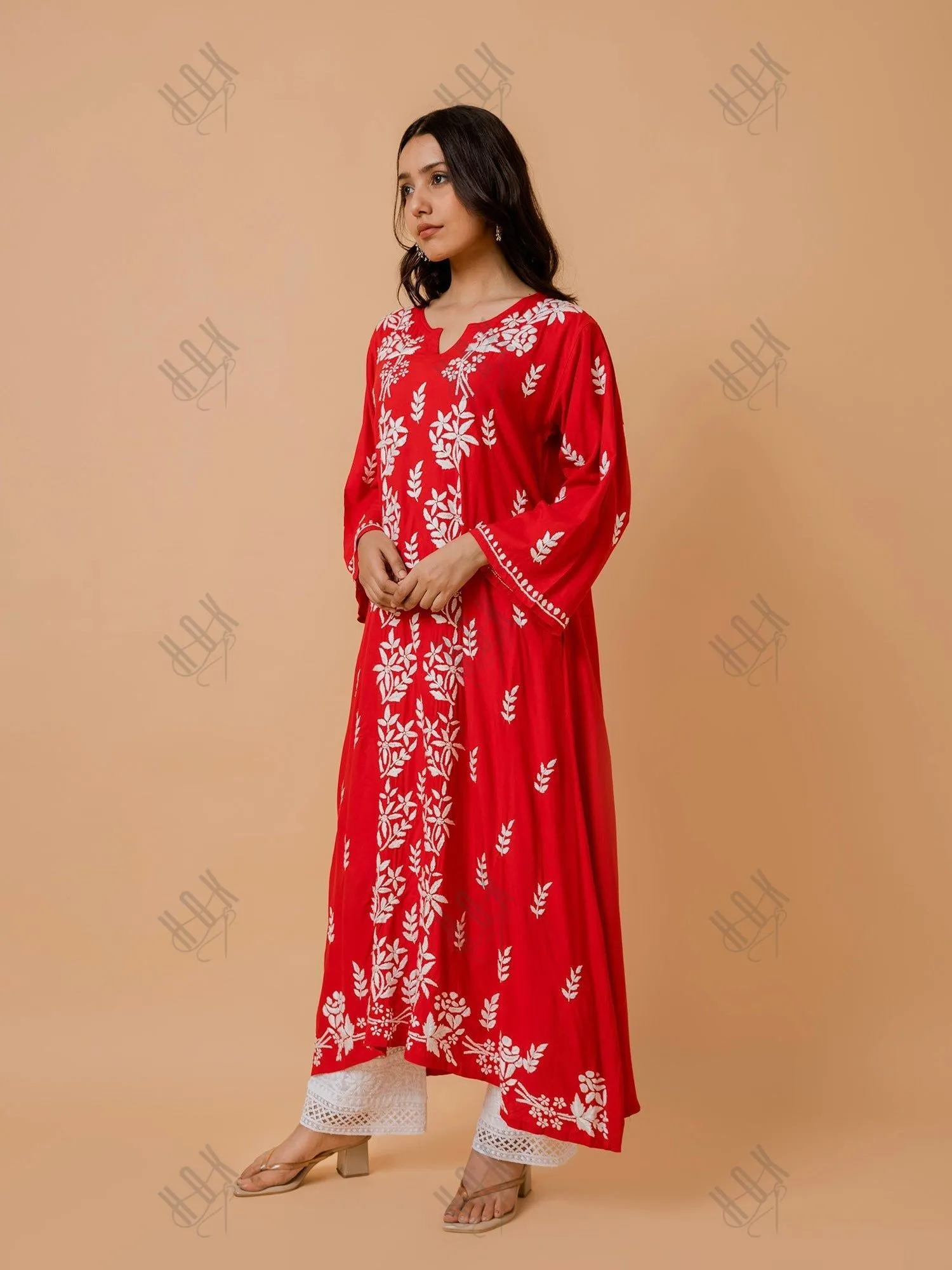 Mahima in Fizaa Rayon Cotton Chikankari Kurta - Red