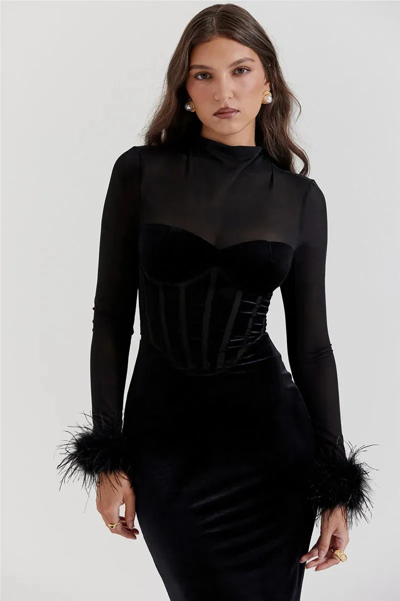 Marie Mae - Figure flattering velvet dress with feather details