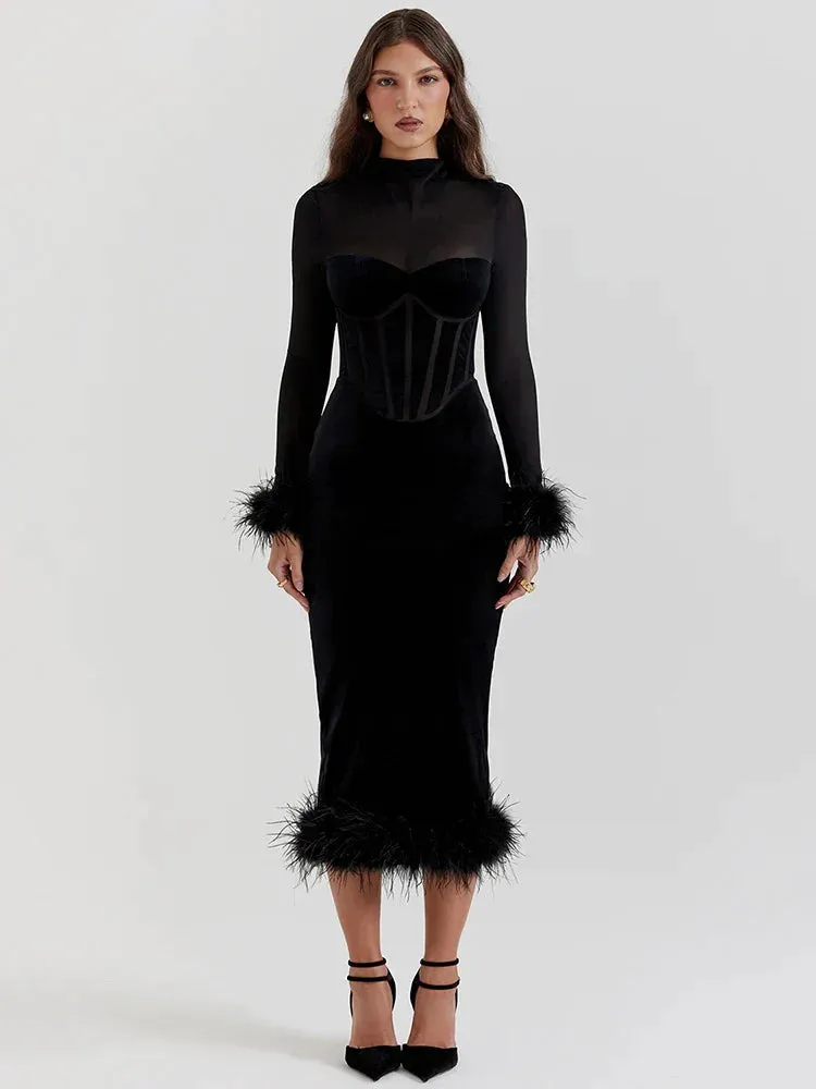 Marie Mae - Figure flattering velvet dress with feather details