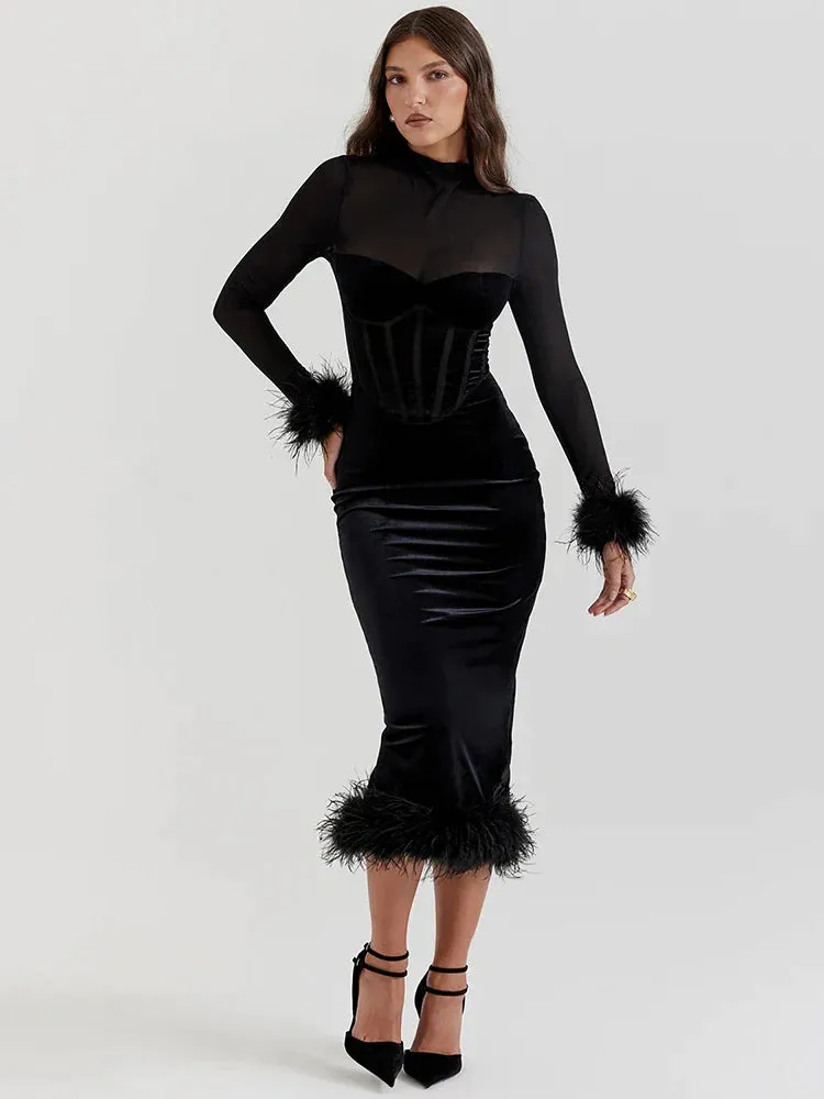 Marie Mae - Figure flattering velvet dress with feather details