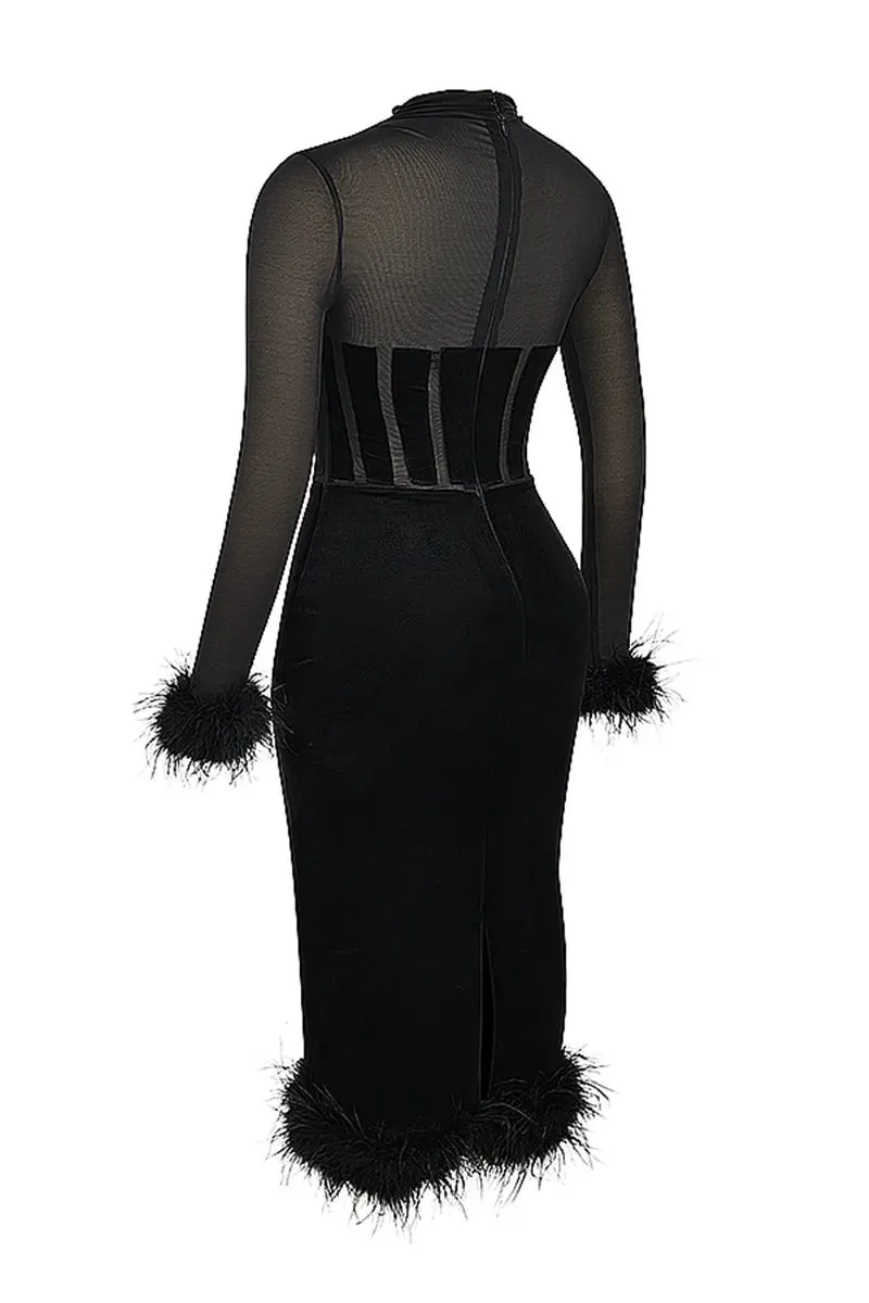 Marie Mae - Figure flattering velvet dress with feather details