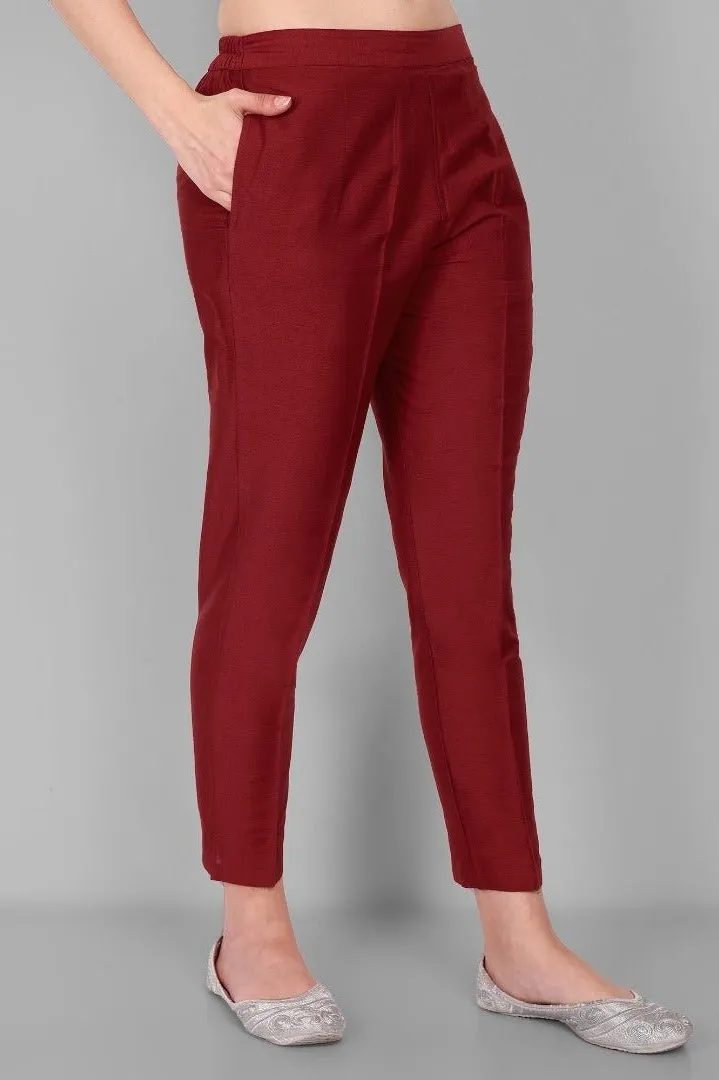 Maroon Cotton Silk Pant with Pockets