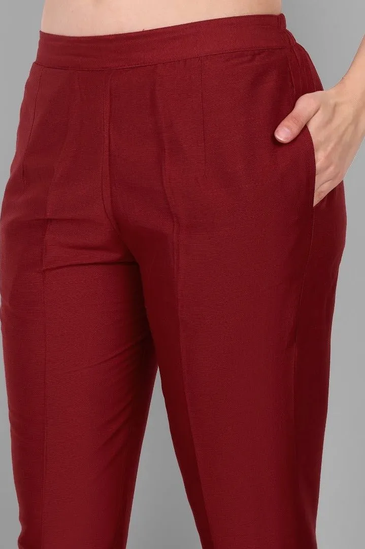 Maroon Cotton Silk Pant with Pockets