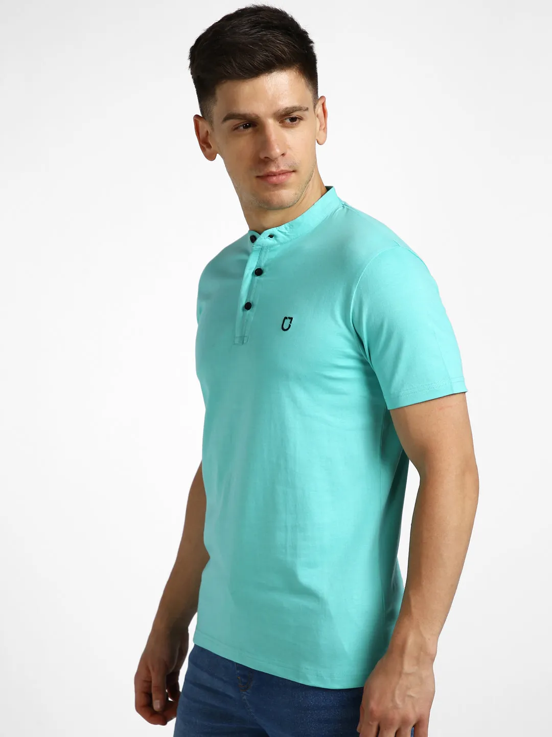 Men's Aqua Green Solid Mandarin Collar Slim Fit Half Sleeve Cotton T-Shirt