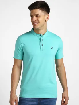 Men's Aqua Green Solid Mandarin Collar Slim Fit Half Sleeve Cotton T-Shirt