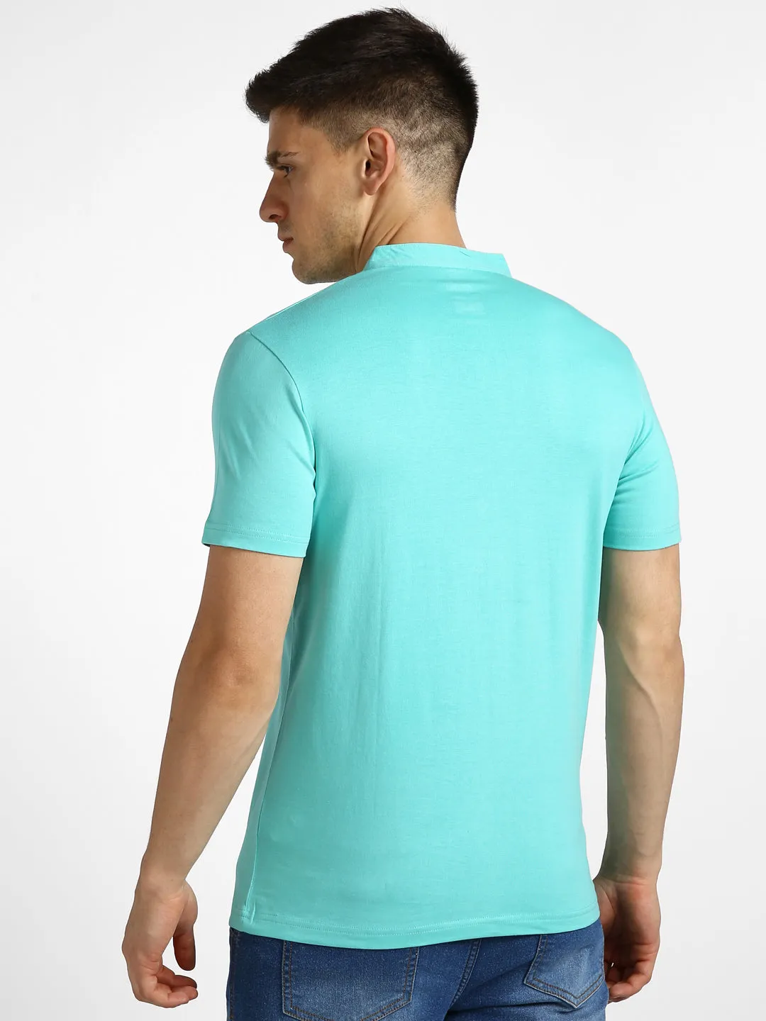 Men's Aqua Green Solid Mandarin Collar Slim Fit Half Sleeve Cotton T-Shirt