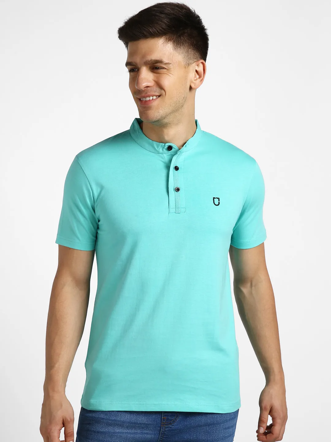 Men's Aqua Green Solid Mandarin Collar Slim Fit Half Sleeve Cotton T-Shirt