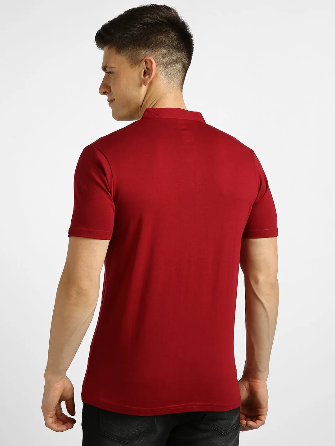 Men's Maroon Solid Mandarin Collar Slim Fit Half Sleeve Cotton T-Shirt