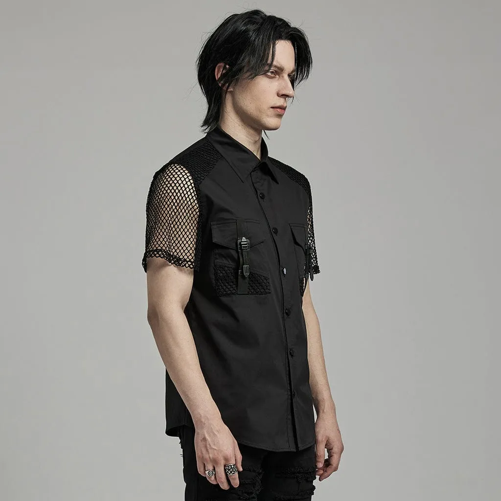 Men's Punk Big-pocket Mesh Splice Shirt