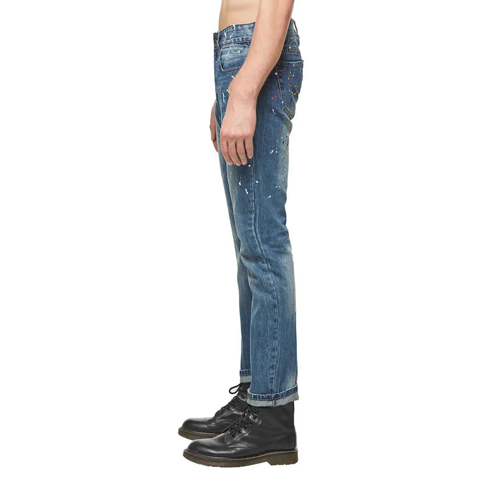 Mens Spray Distressed Blue Jeans