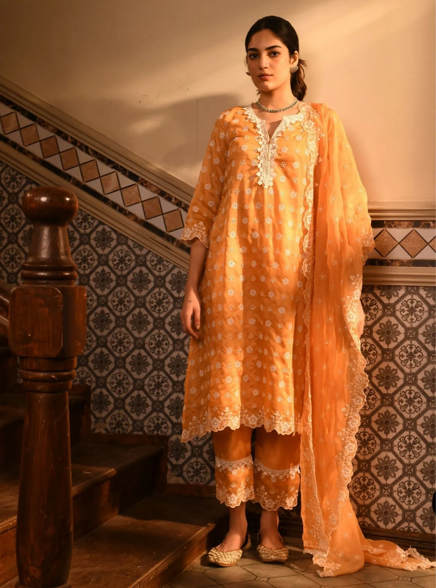 Mulmul Chanderi Miri Orange Kurta With Mulmul Chanderi Miri Orange Pant