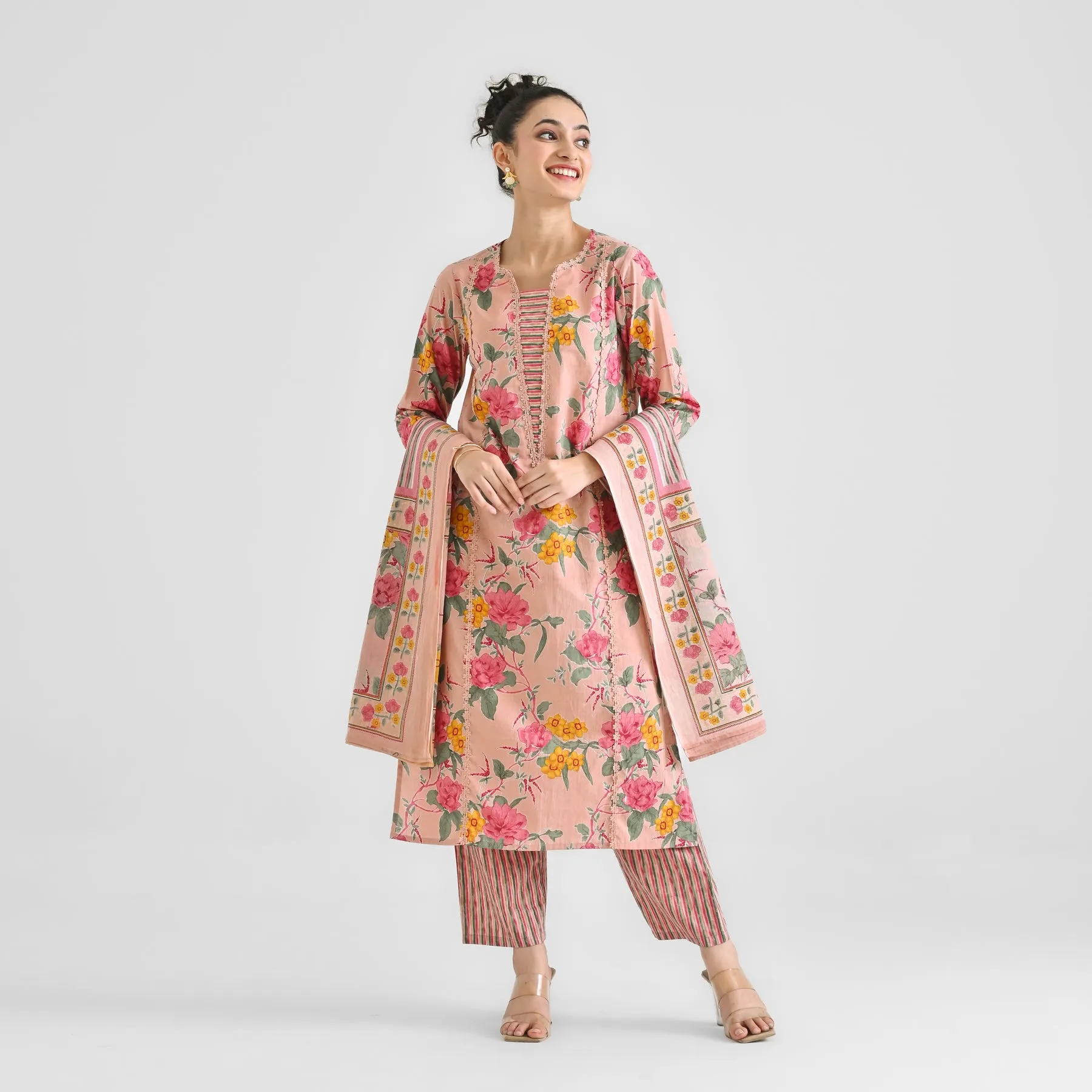 Peach Sanganeri Floral Printed Cotton Kurta Pant Set with Dupatta & Lace Detail