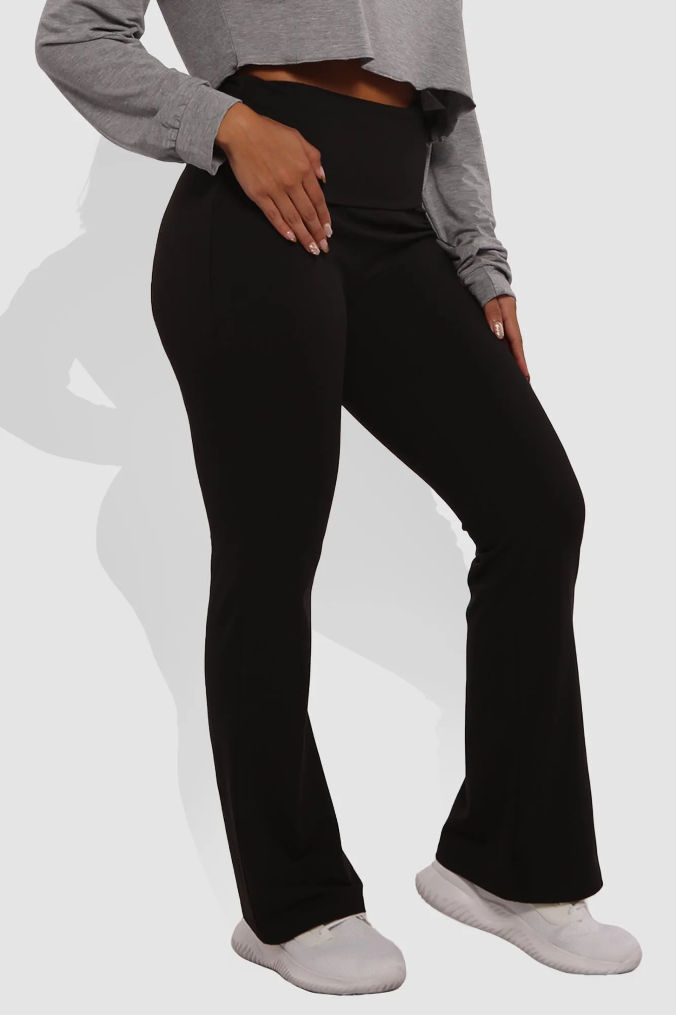 Pillowy Soft Fold Over High Waist Flare Pants - Black