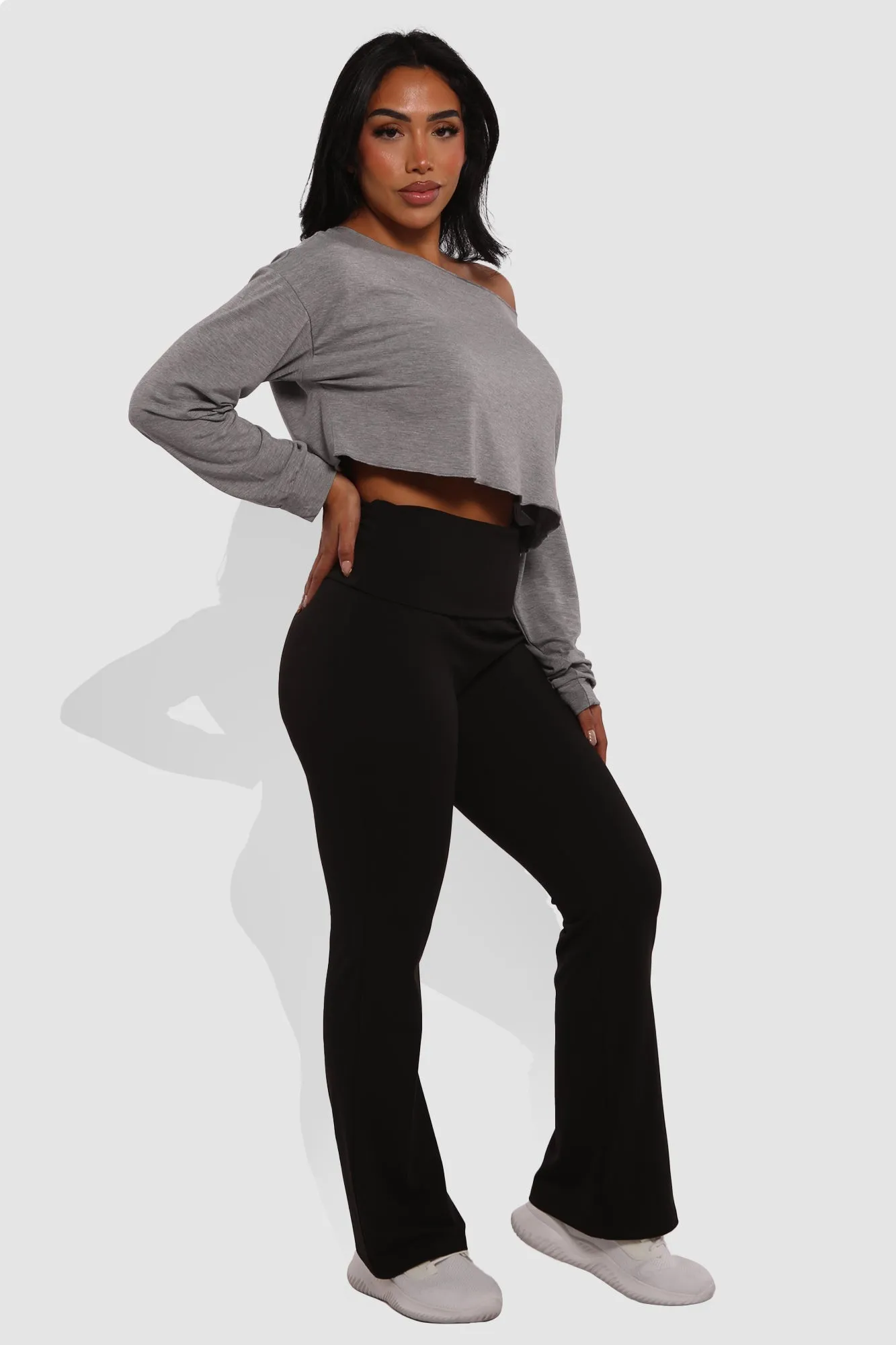 Pillowy Soft Fold Over High Waist Flare Pants - Black