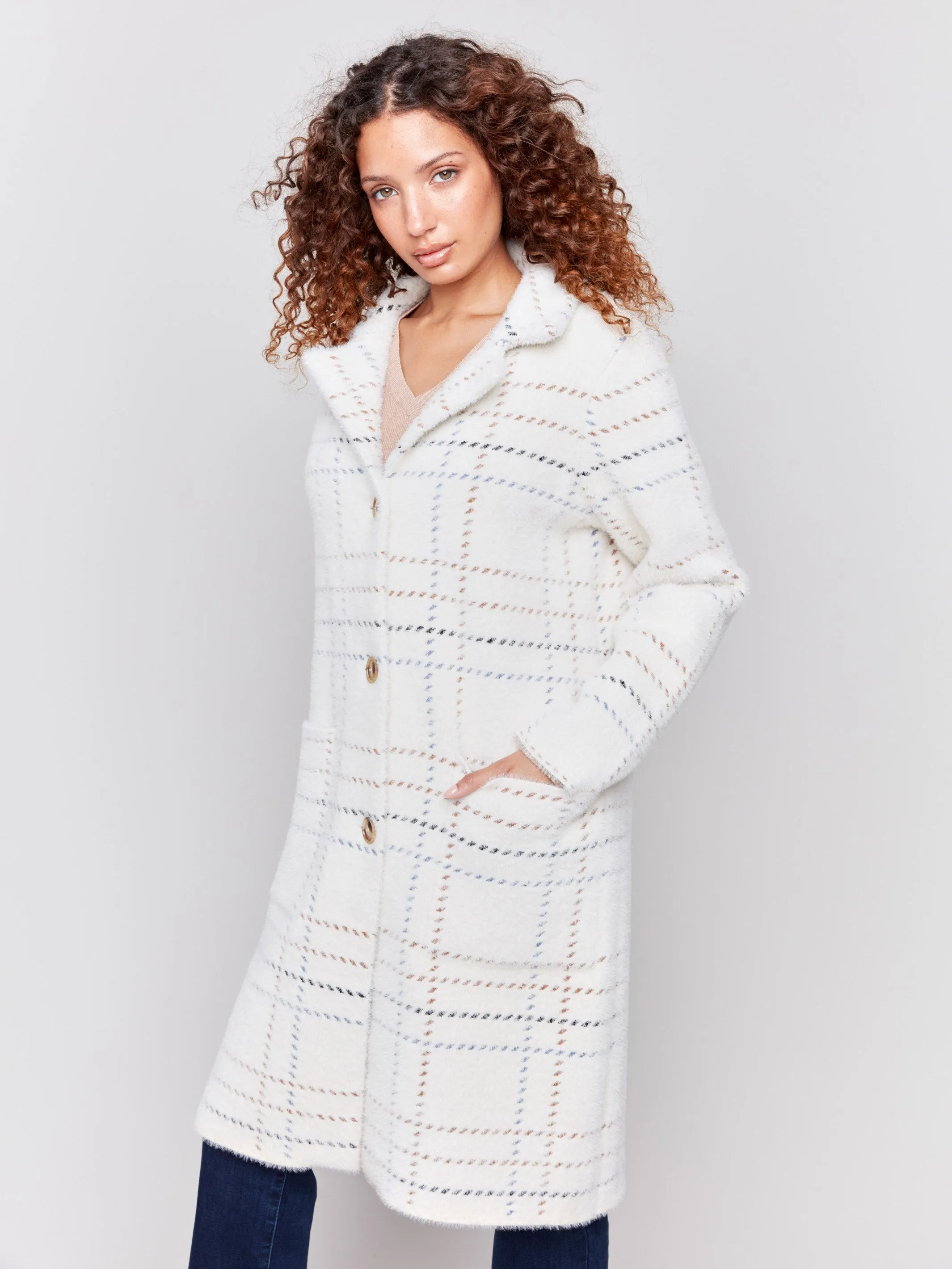 Plaid Knit Coatigan - Ecru