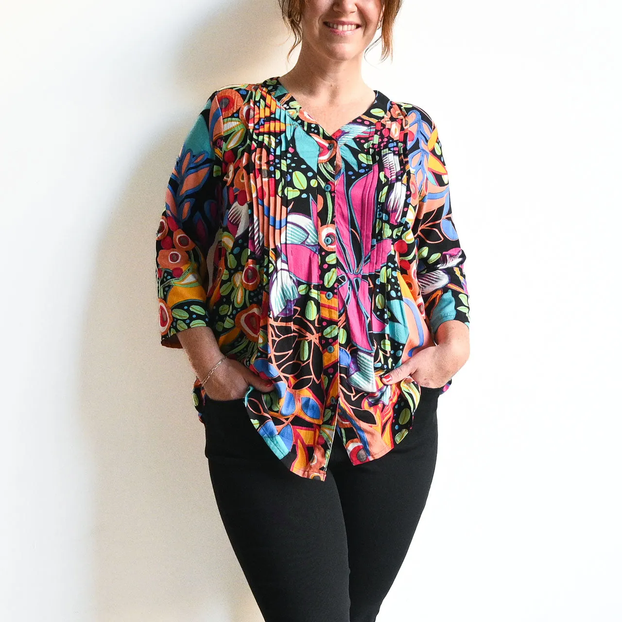 Pleat Button-Through Tunic Blouse by Orientique Australia - Copacabana - 62666