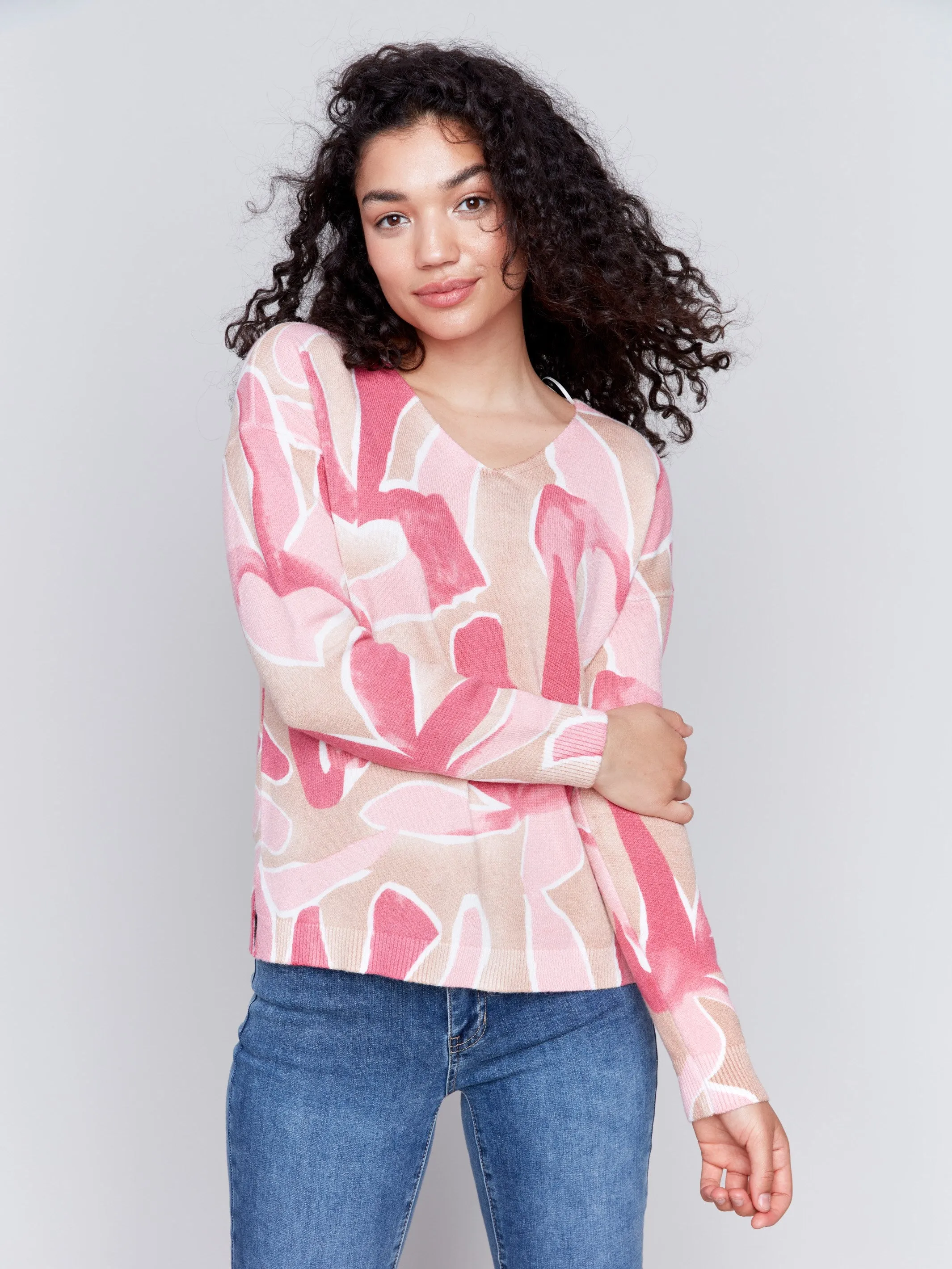 Printed Plush Knit V-Neck Sweater - Raspberry