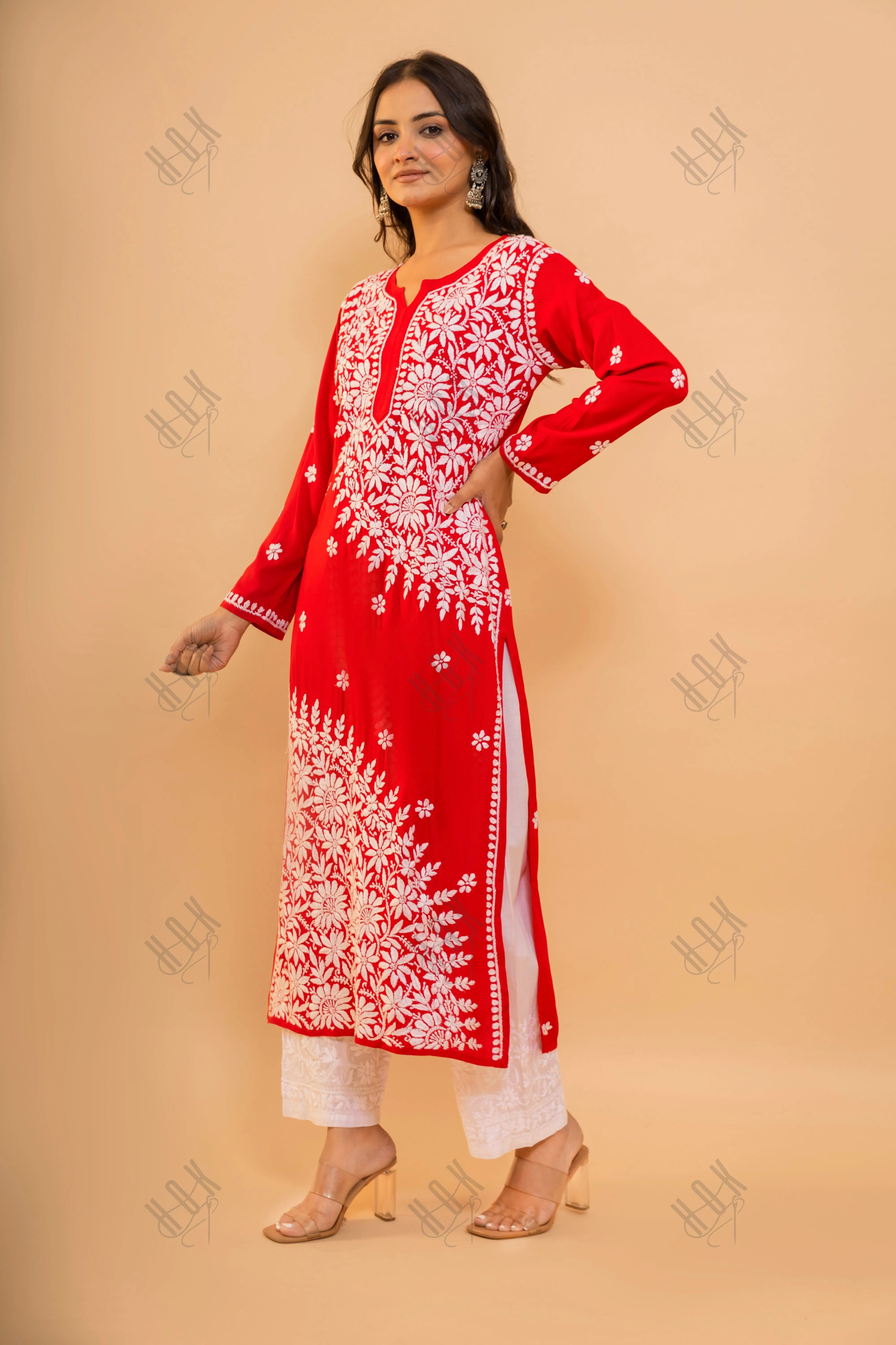 Red Fizaa Chikankari Modal Cotton Kurta