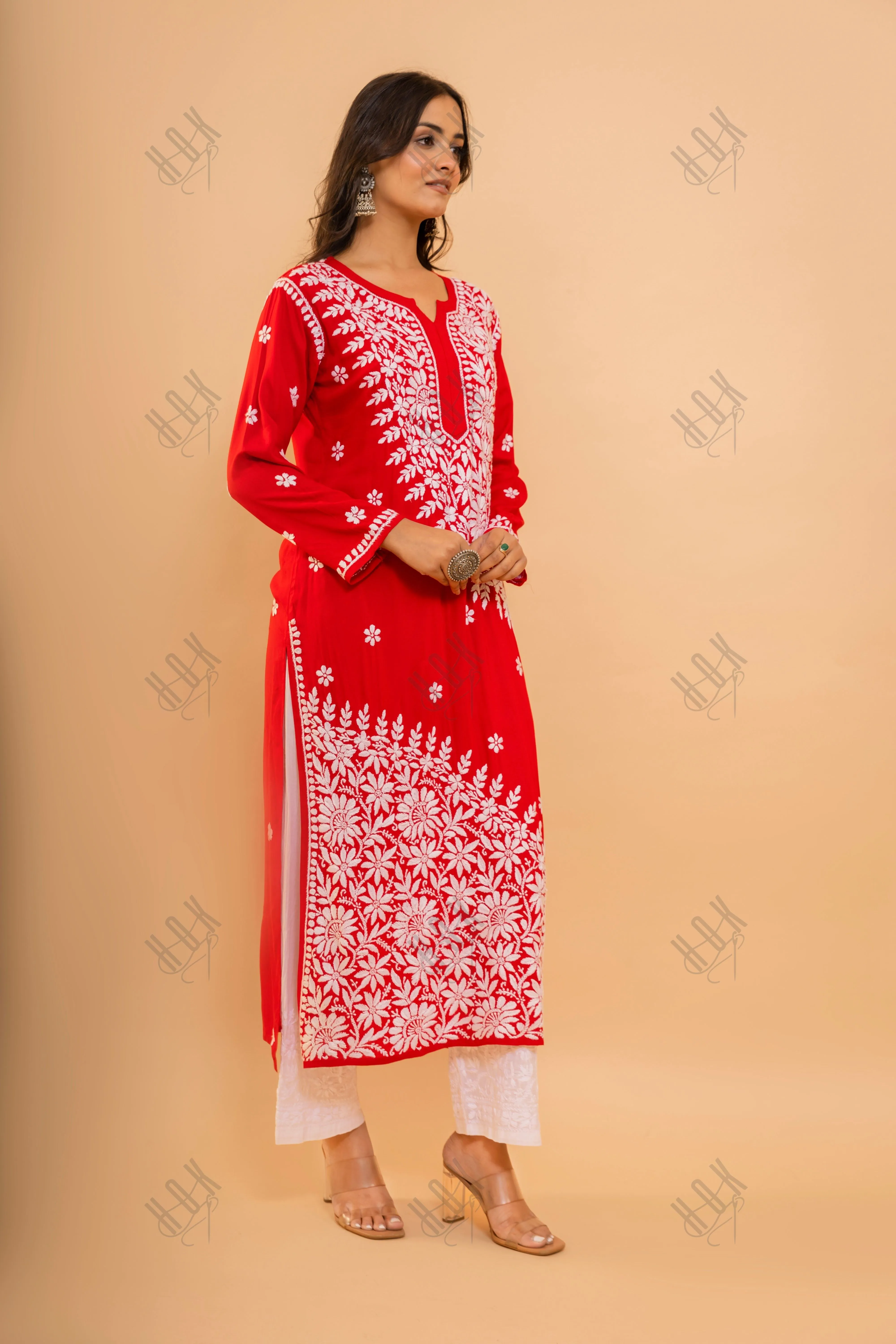 Red Fizaa Chikankari Modal Cotton Kurta