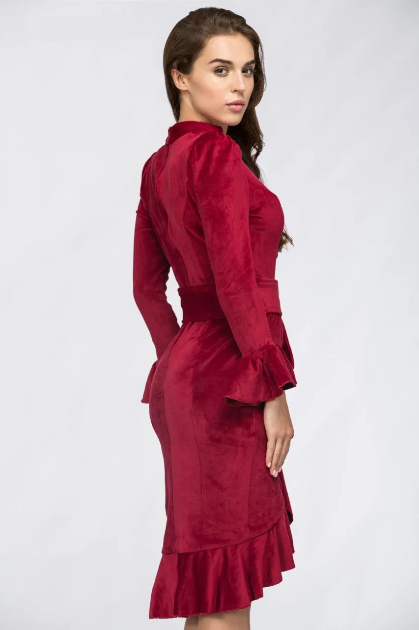 Red Velvet Bell Sleeve Summer Midi Dress