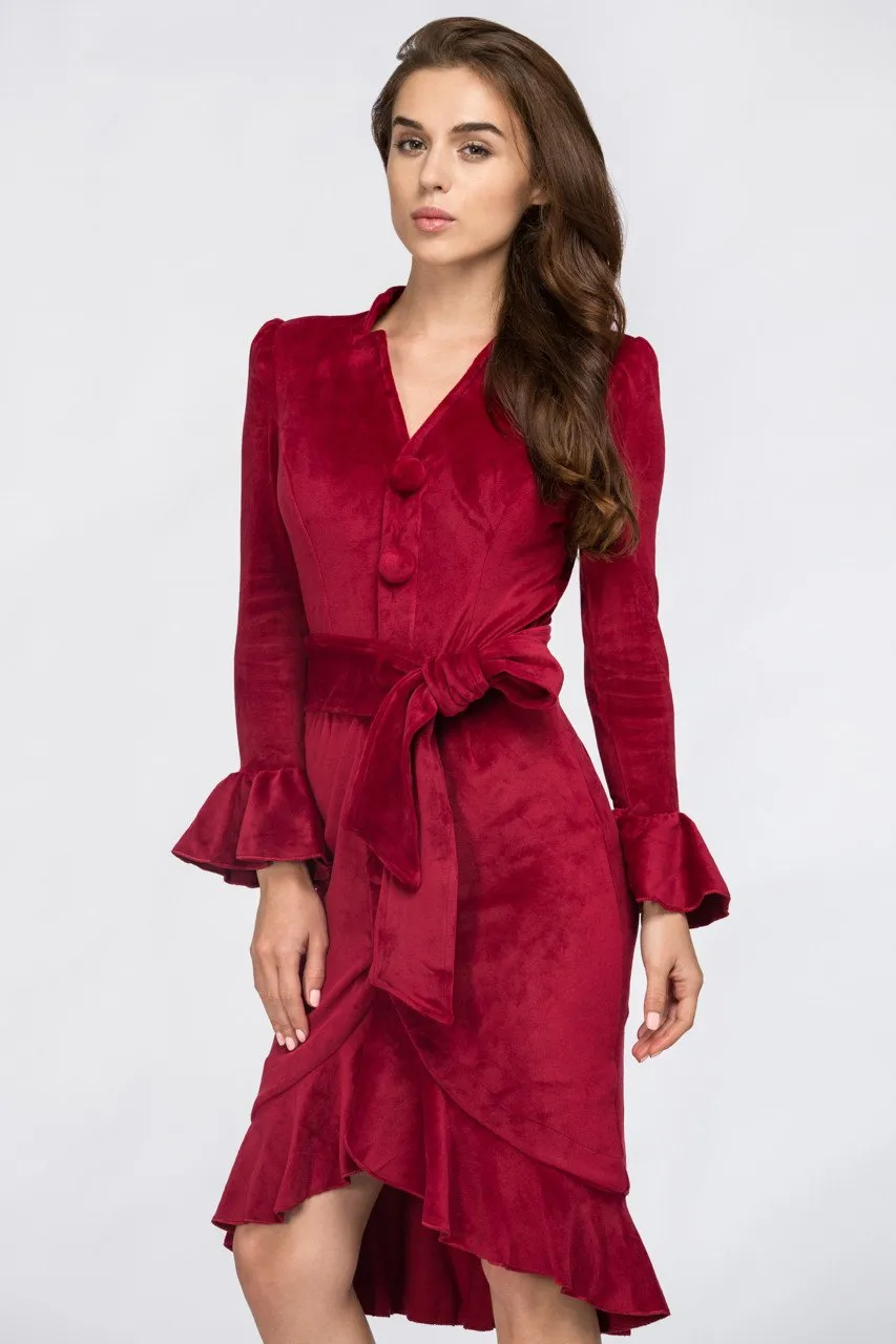 Red Velvet Bell Sleeve Summer Midi Dress