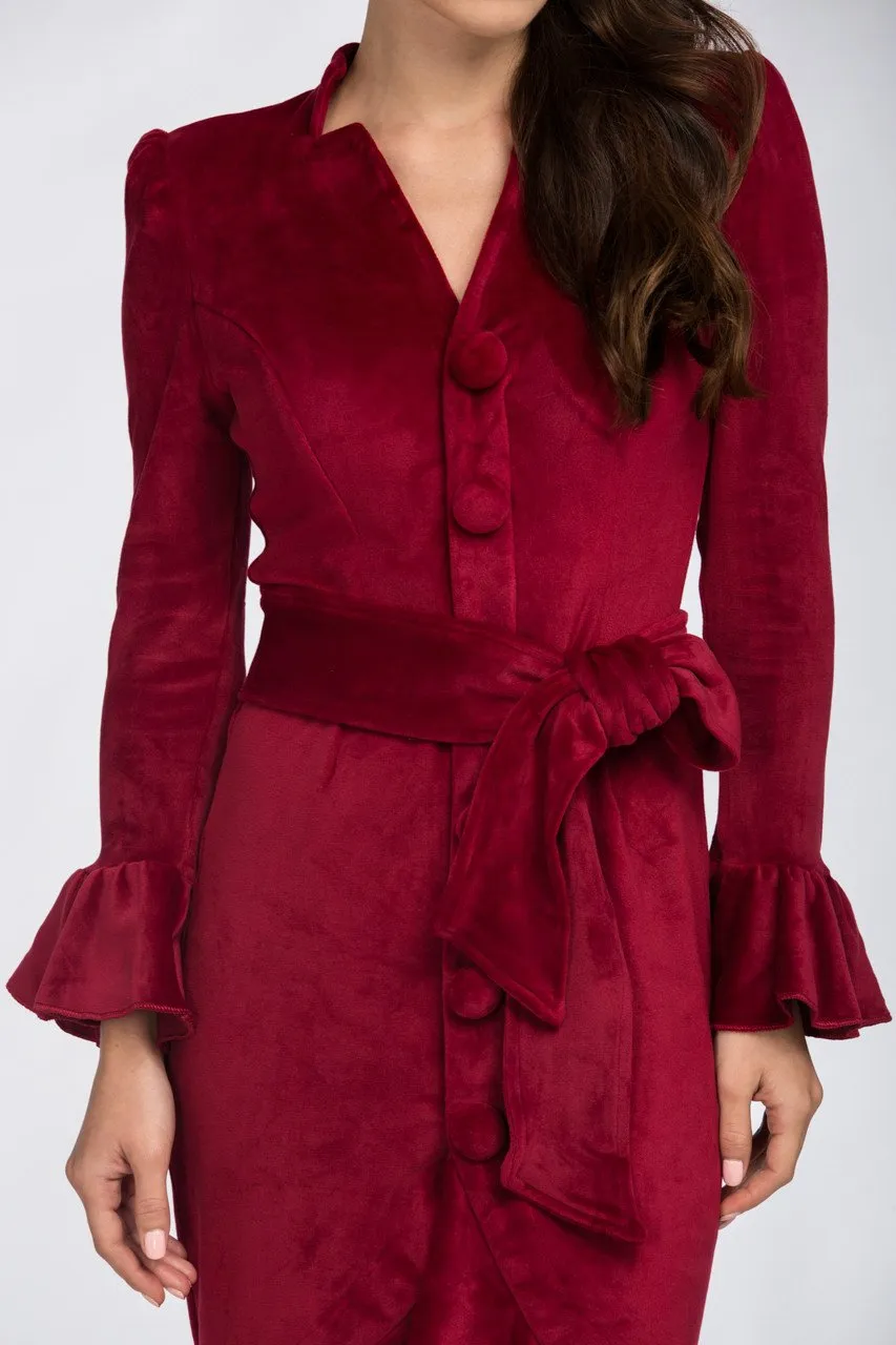 Red Velvet Bell Sleeve Summer Midi Dress