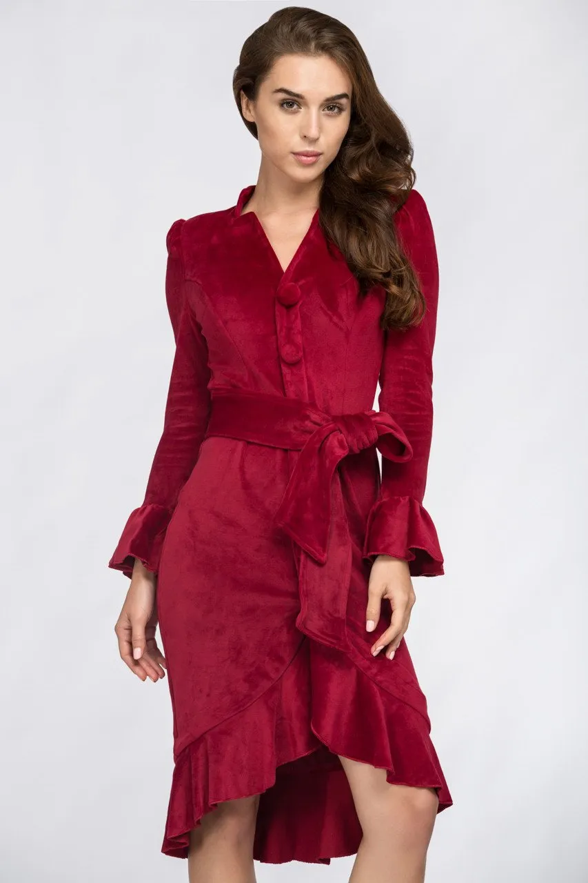 Red Velvet Bell Sleeve Summer Midi Dress