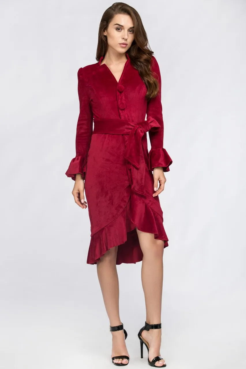 Red Velvet Bell Sleeve Summer Midi Dress