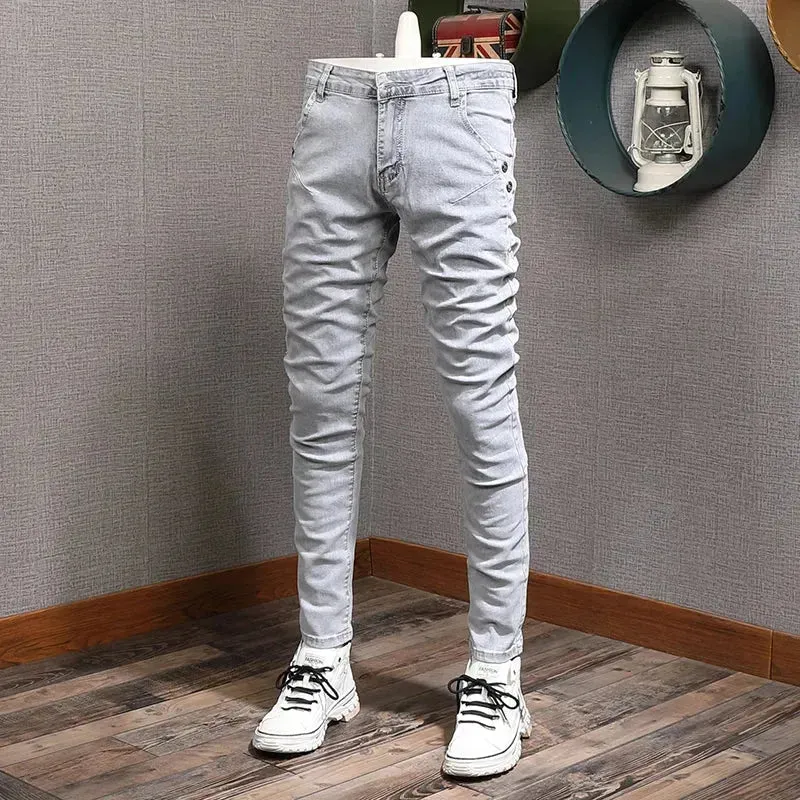 Retro Gray Stretch Slim Ripped Jeans