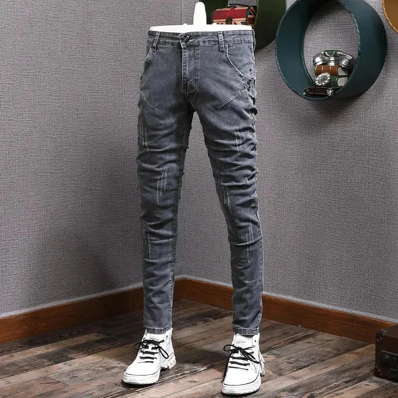 Retro Gray Stretch Slim Ripped Jeans