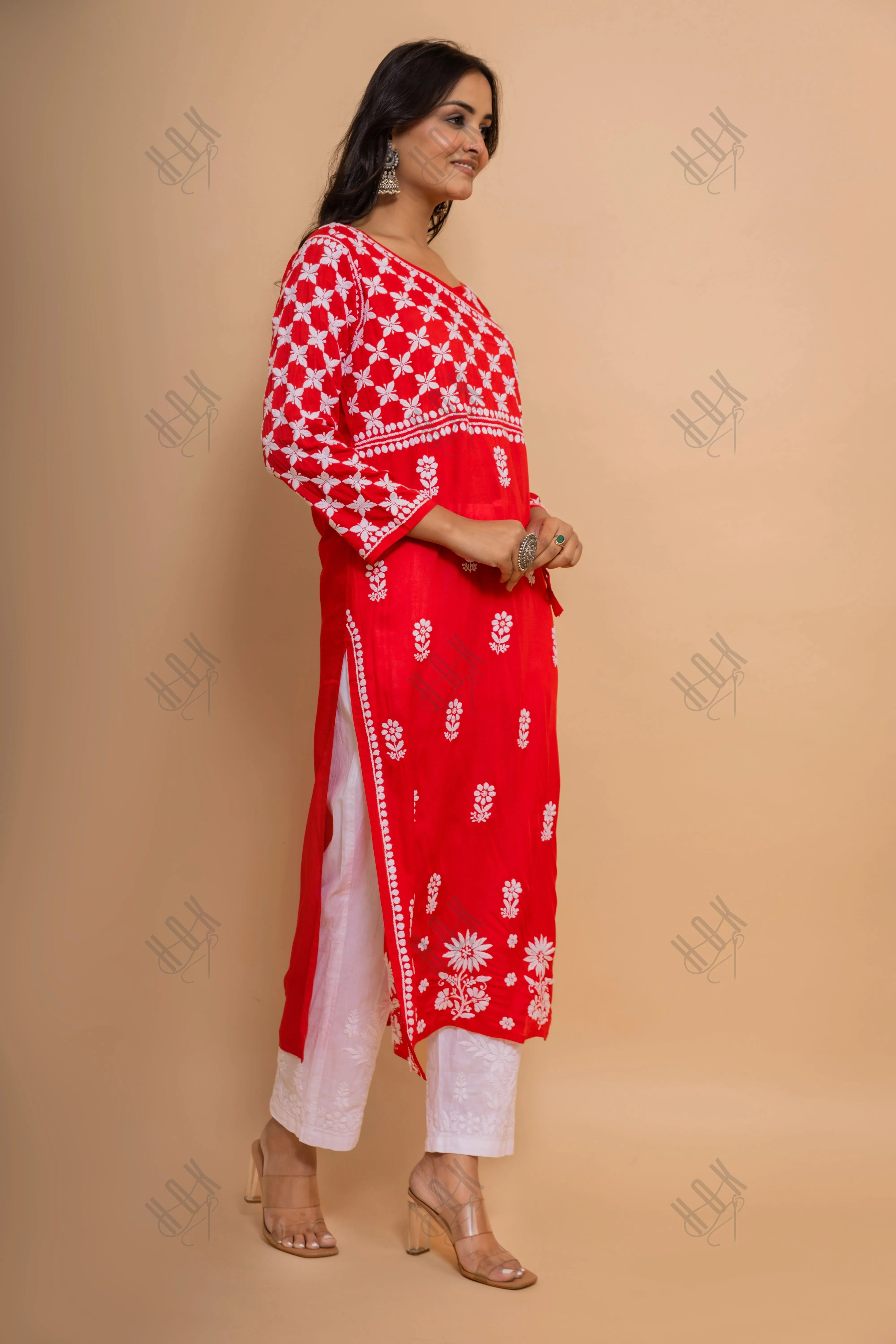 Rishita in Fizaa Red Modal Angrakha Style Kurta in Modal Cotton