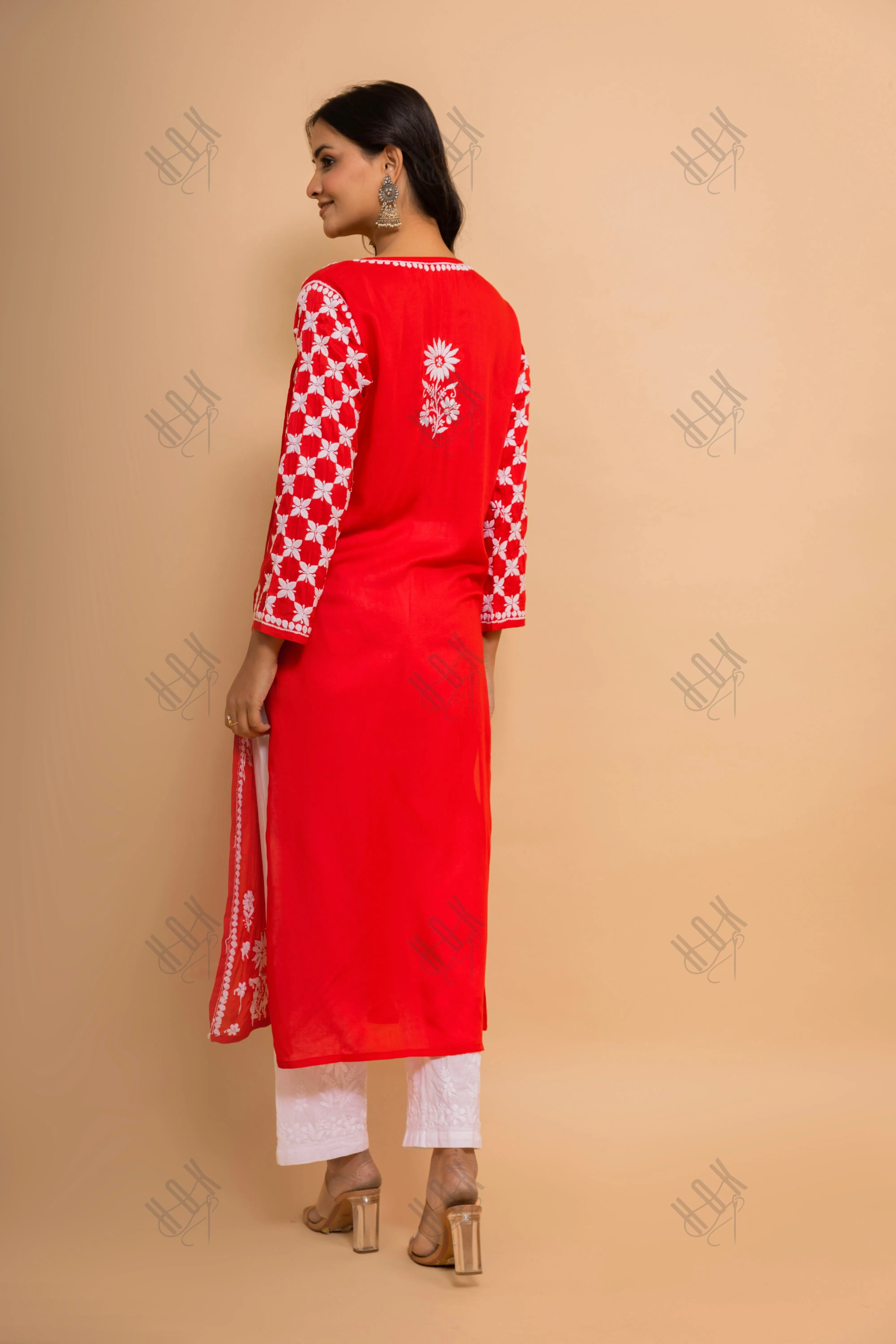 Rishita in Fizaa Red Modal Angrakha Style Kurta in Modal Cotton