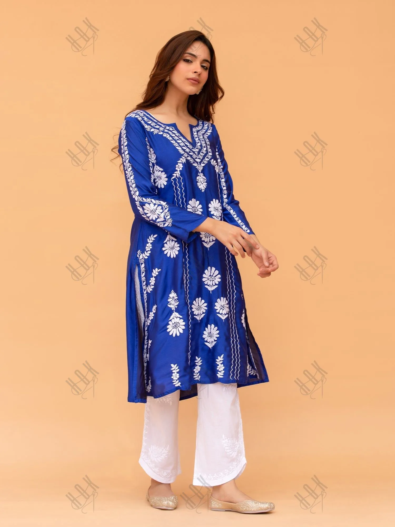 Saba Chikankari Long Kurta in Barfi Silk - Blue