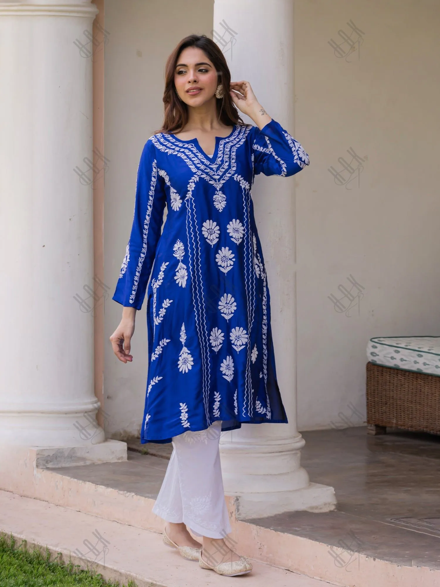 Saba Chikankari Long Kurta in Barfi Silk - Blue