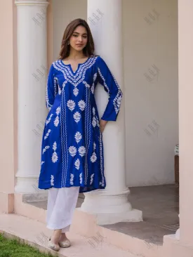 Saba Chikankari Long Kurta in Barfi Silk - Blue