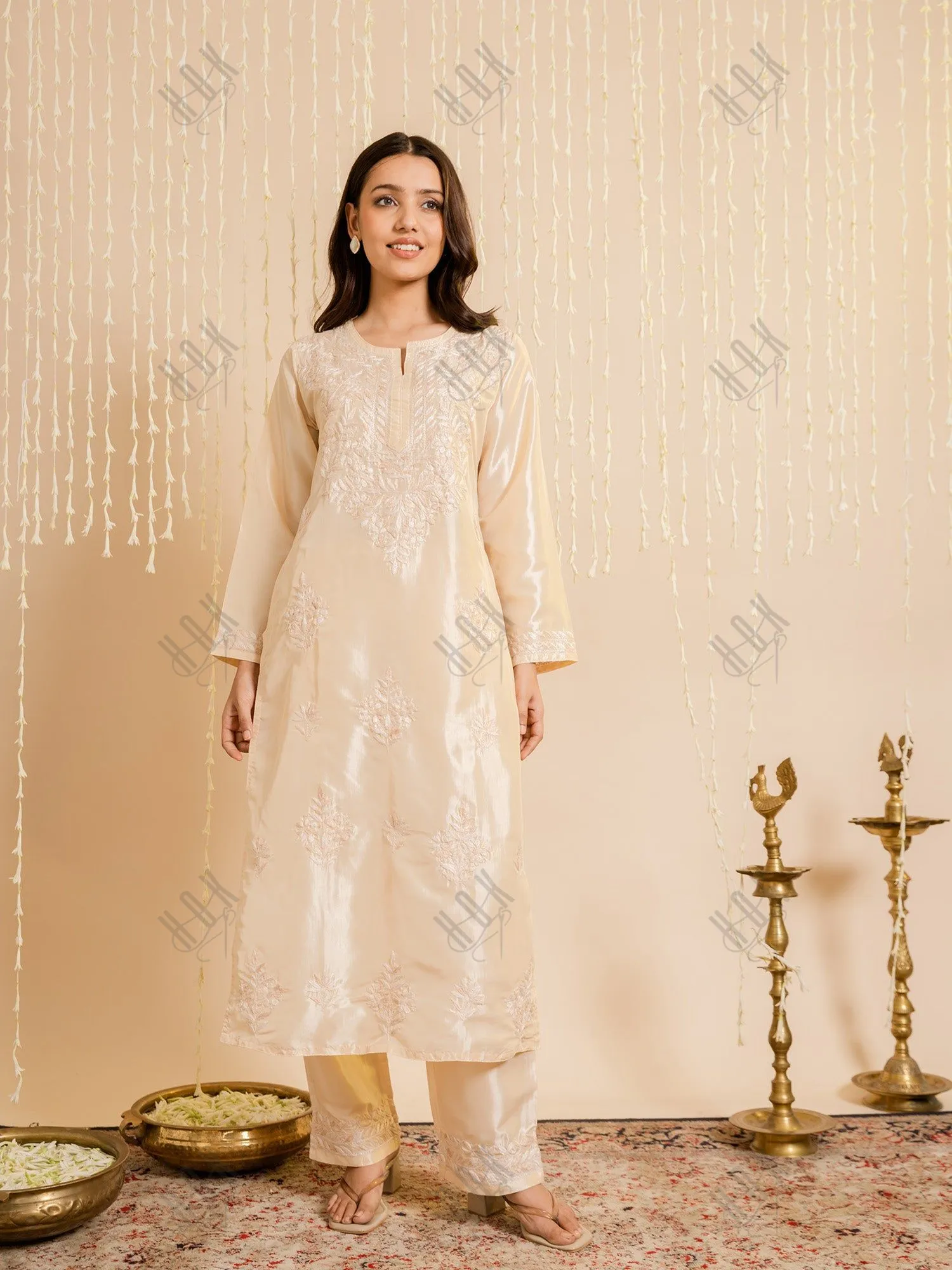 Saba Silk Chikankari Kurta Set for Women - Beige