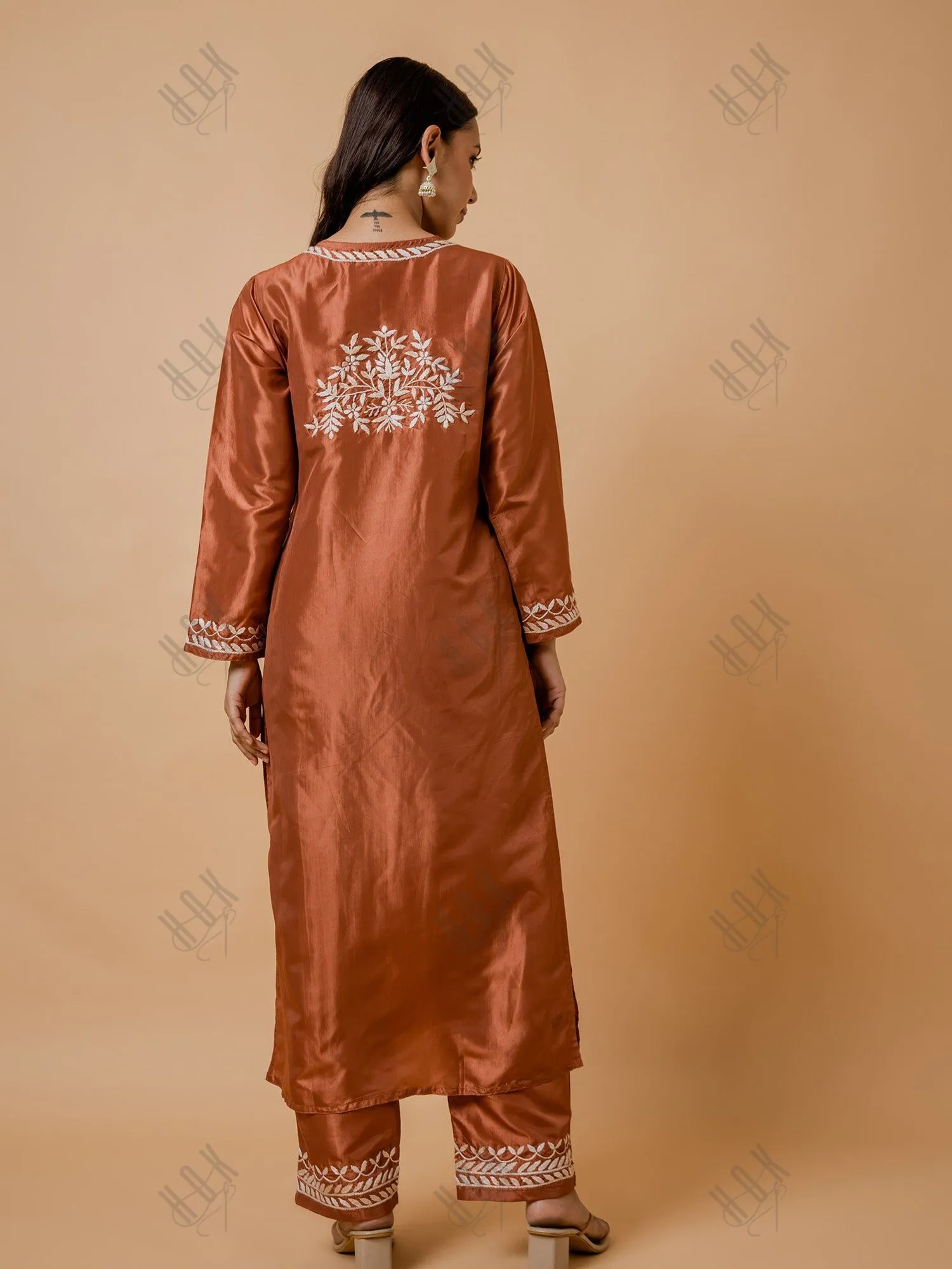 Saba Silk Chikankari Kurta Set for Women - Copper Brown