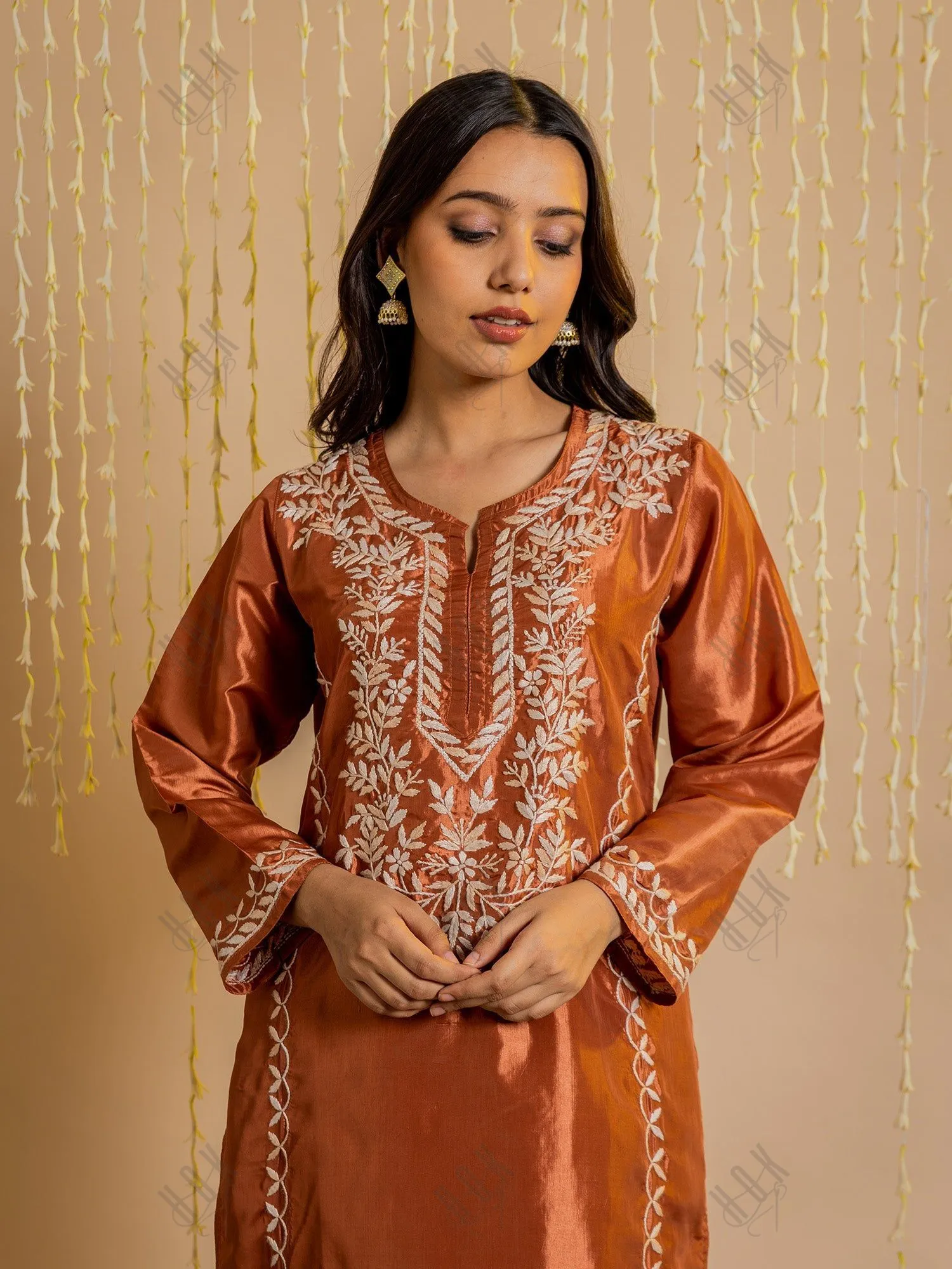 Saba Silk Chikankari Kurta Set for Women - Copper Brown