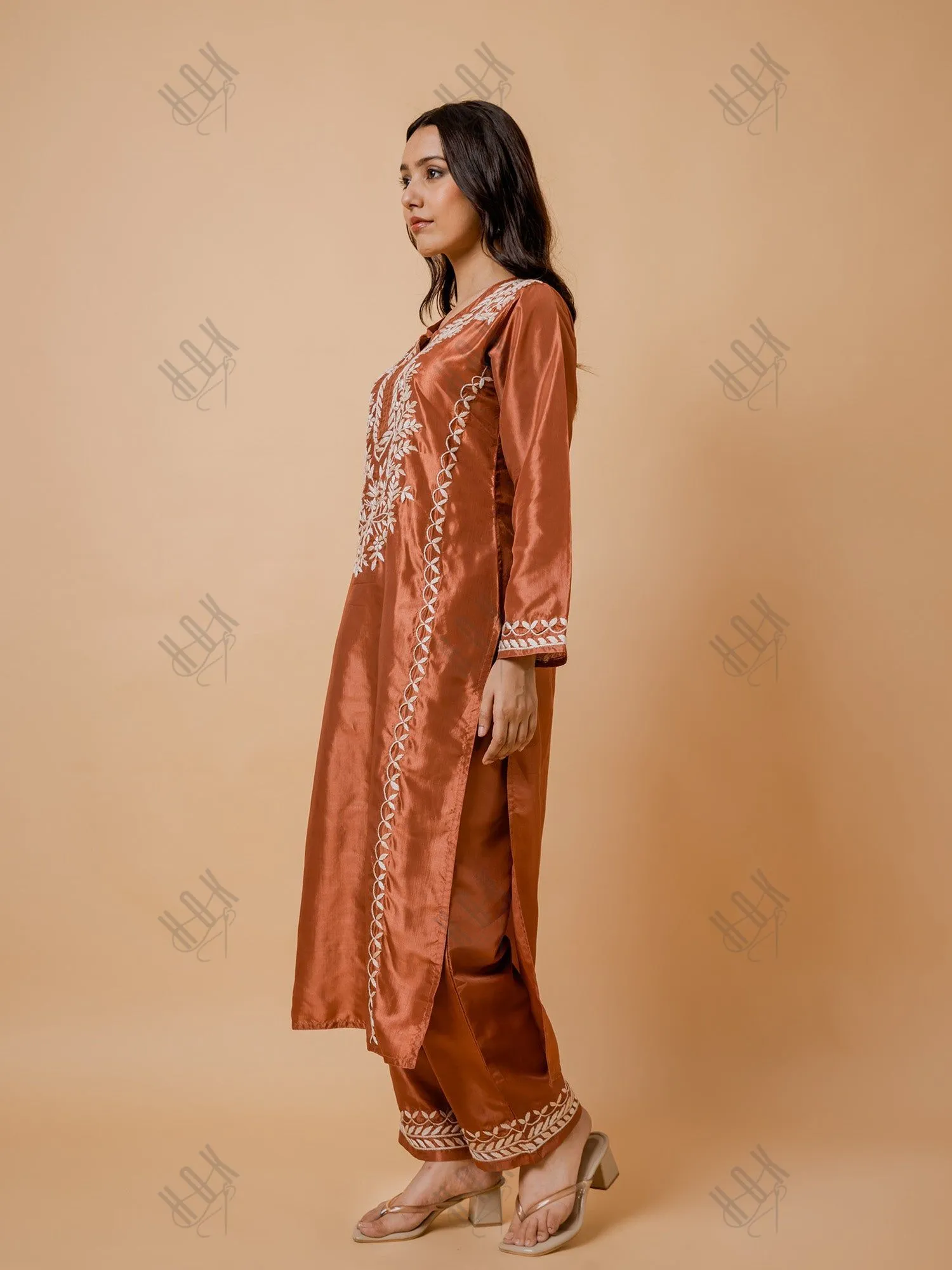 Saba Silk Chikankari Kurta Set for Women - Copper Brown