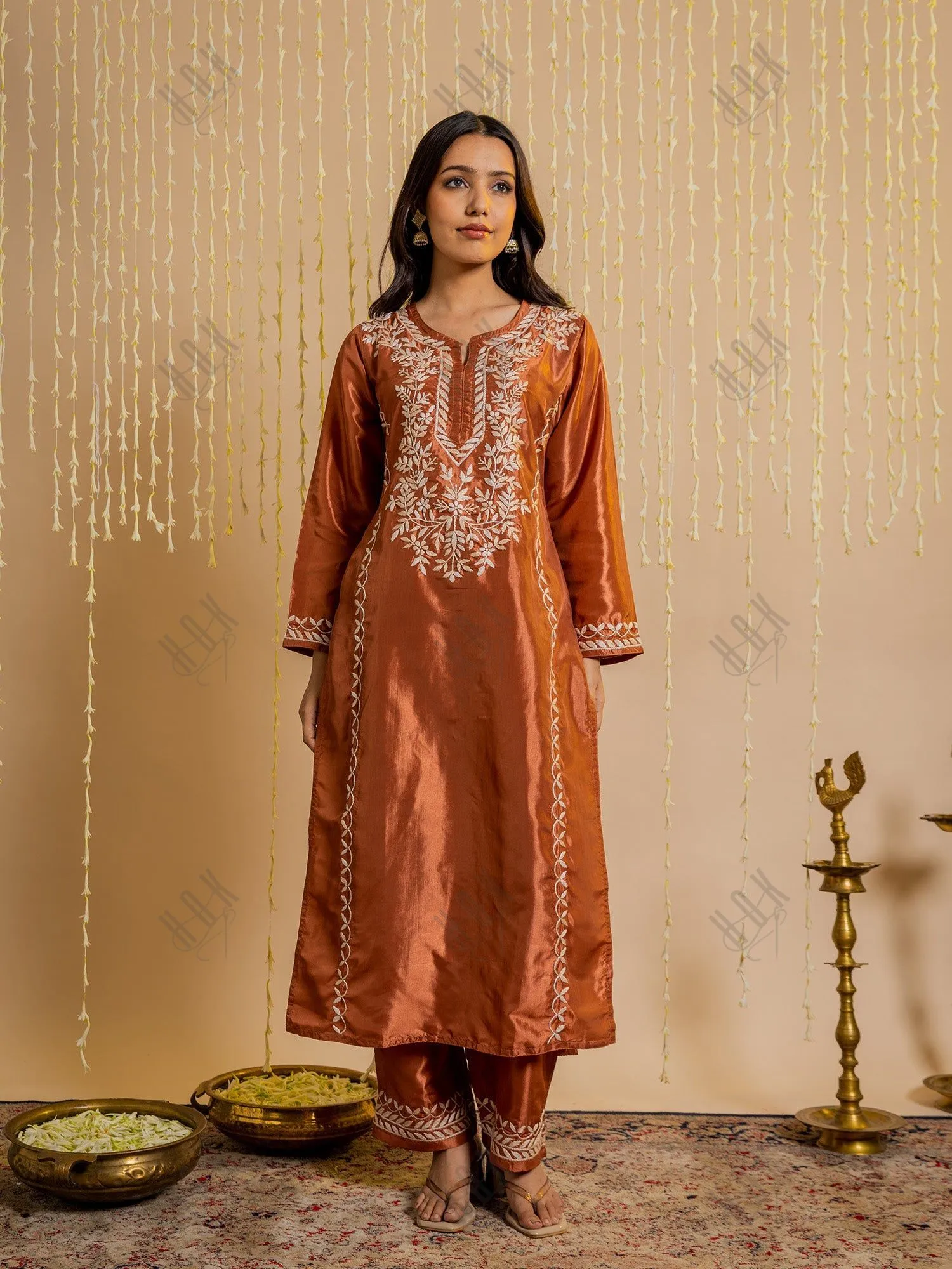 Saba Silk Chikankari Kurta Set for Women - Copper Brown