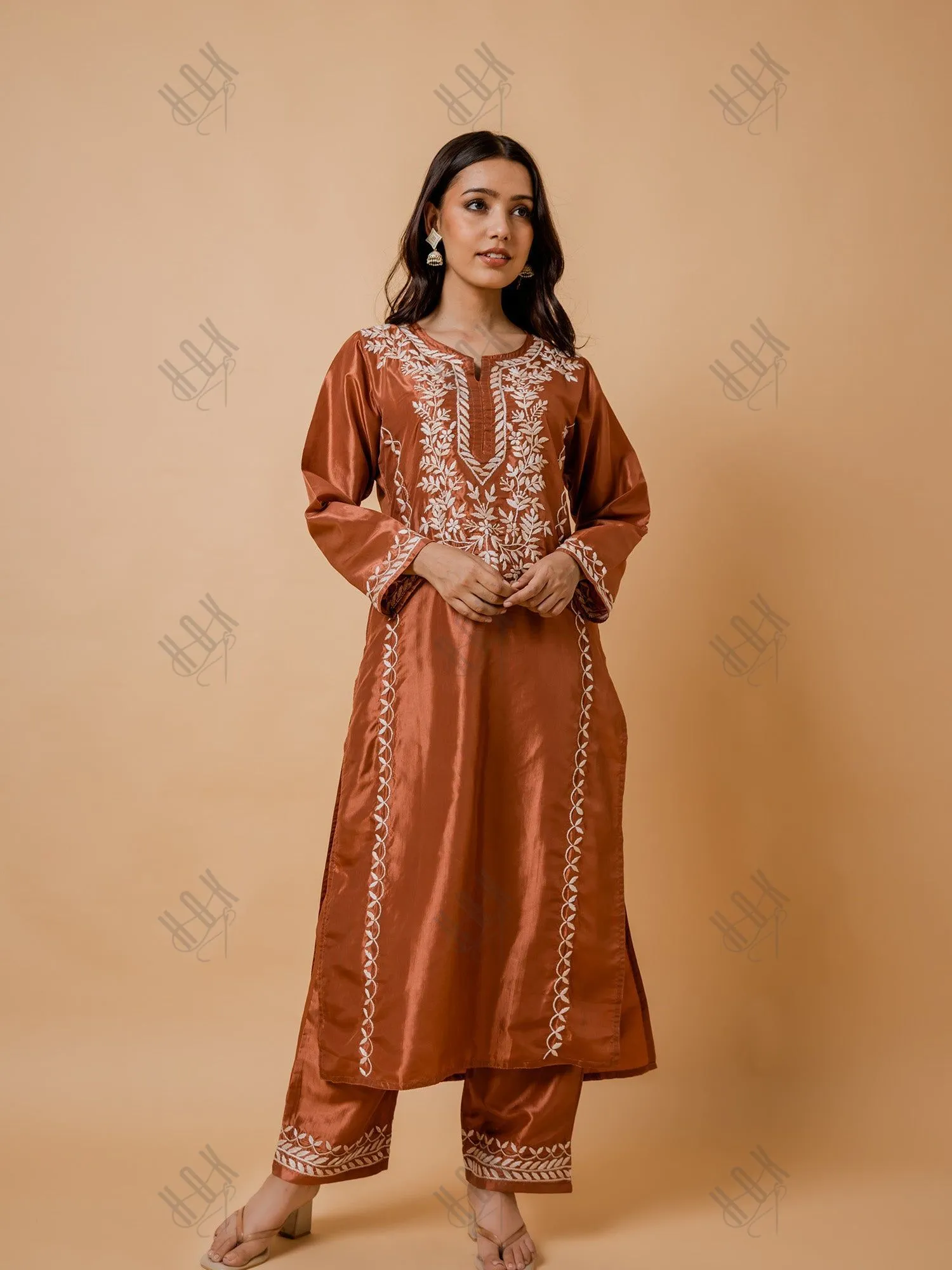 Saba Silk Chikankari Kurta Set for Women - Copper Brown