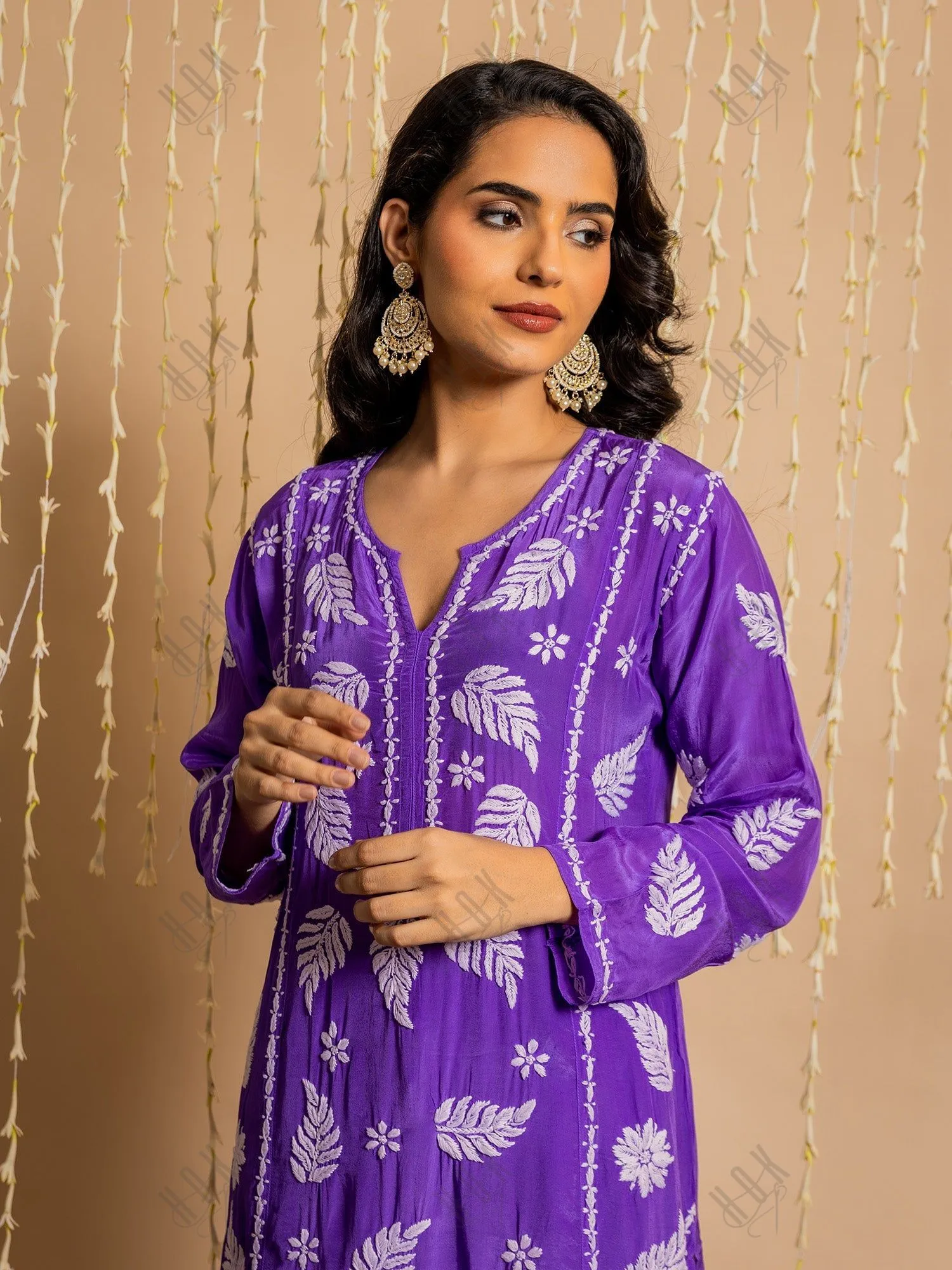 Sakshi Sindhwani Chikankari Crepe Silk Kurta for Women in Purple Notch Neck