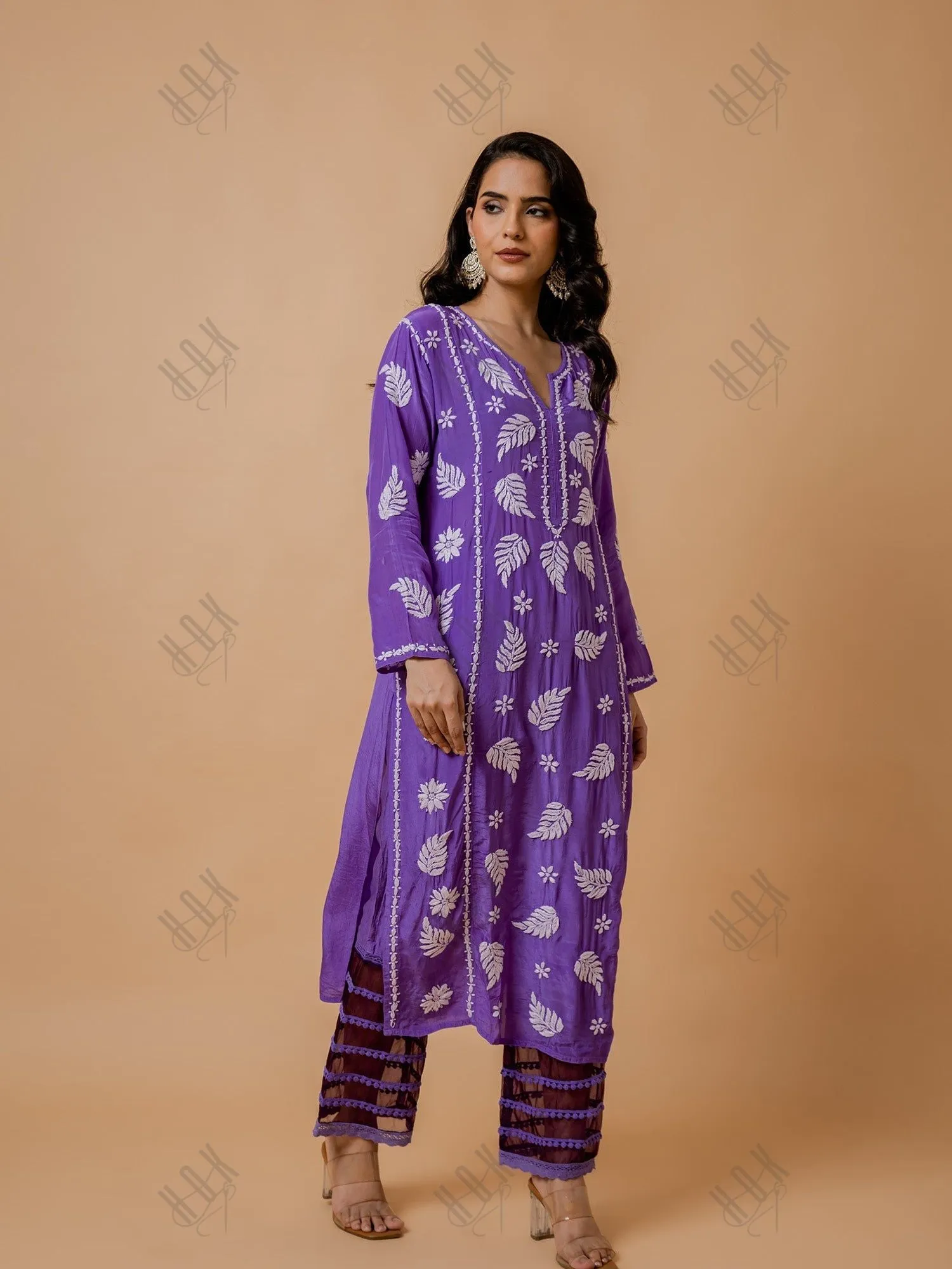 Sakshi Sindhwani Chikankari Crepe Silk Kurta for Women in Purple Notch Neck