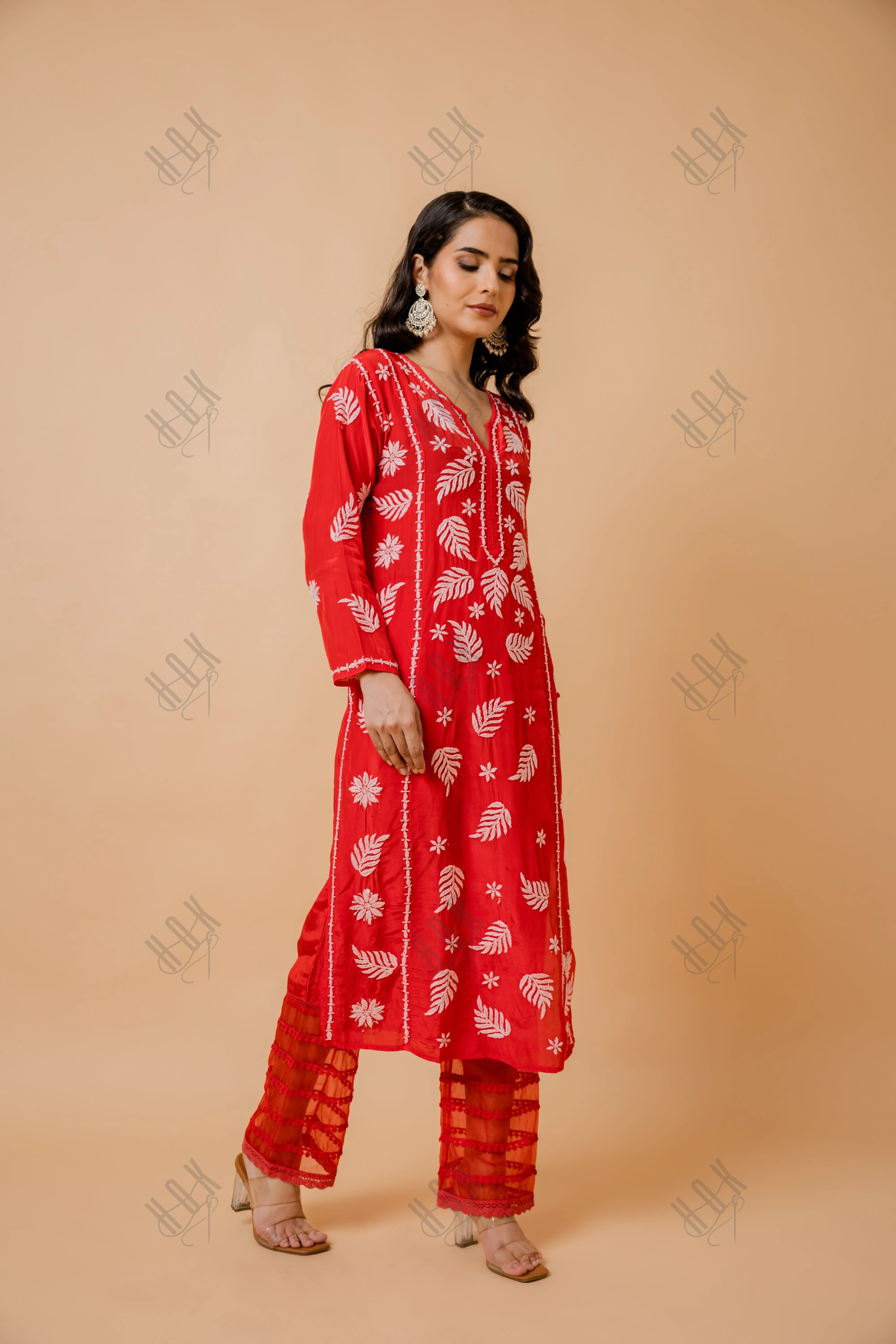 Sanya in Chikankari Crepe Silk Kurta for Women in Red Notch Neck