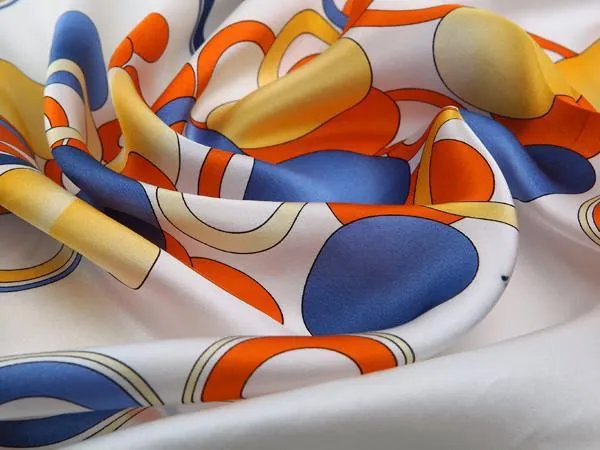 Small Square Silk Satin Scarf Ivory Theme Blue and Orange Circles Pattern XFJ011