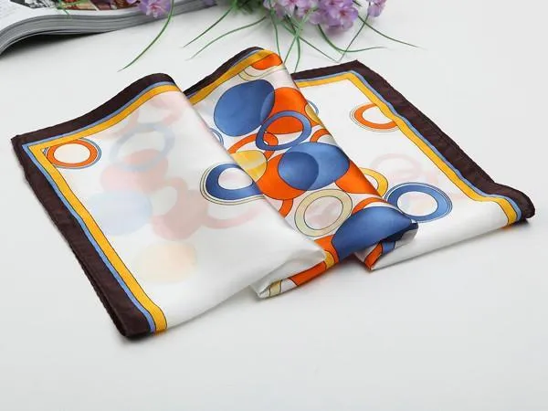 Small Square Silk Satin Scarf Ivory Theme Blue and Orange Circles Pattern XFJ011