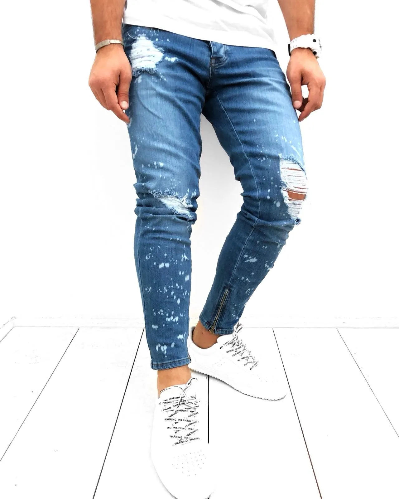 Sneakerjeans Blue Ankle Zip Ripped Skinny Jeans KB120