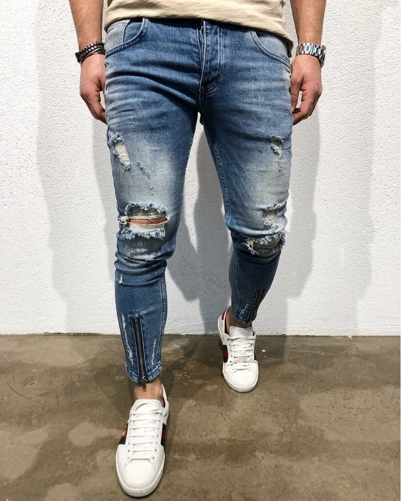 Sneakerjeans Blue Front Ankle Zipper Ripped Jeans B94