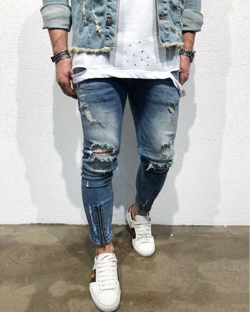 Sneakerjeans Blue Front Ankle Zipper Ripped Jeans B94