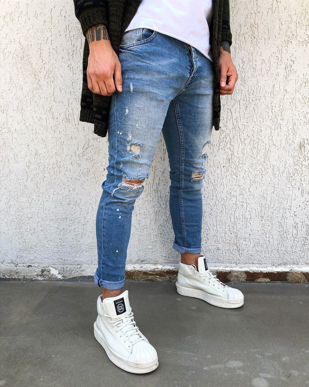 Sneakerjeans - Blue Washed Ripped Skinny Jeans B267 Mens Jeans